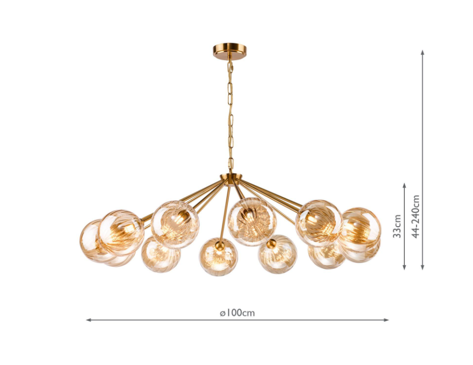 Liora 12Lt Chandelier- Antique Gold and Amber Ribbed Glass
