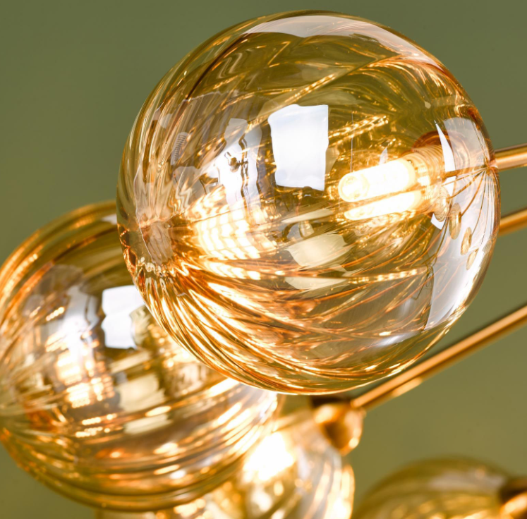 Liora 12Lt Chandelier- Antique Gold and Amber Ribbed Glass