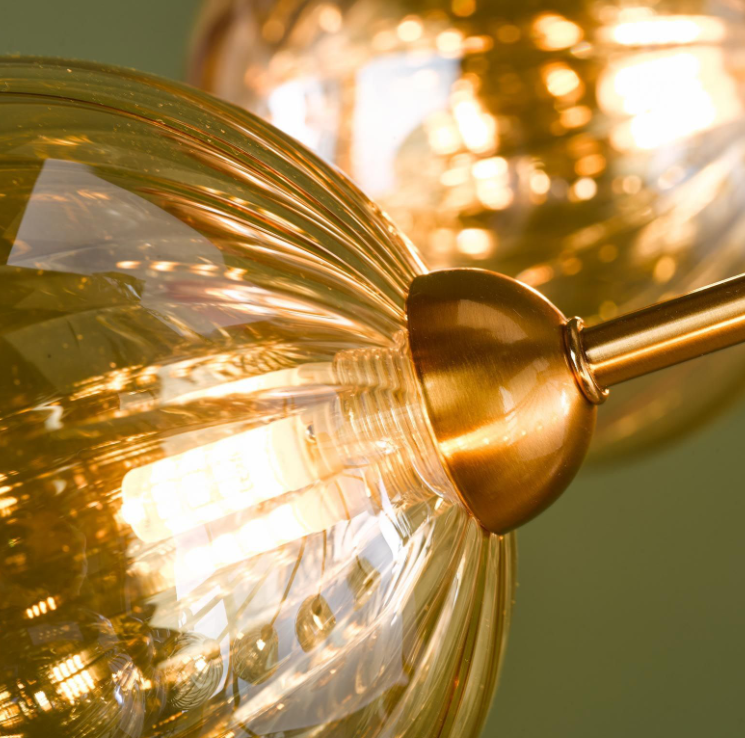 Liora 12Lt Chandelier- Antique Gold and Amber Ribbed Glass