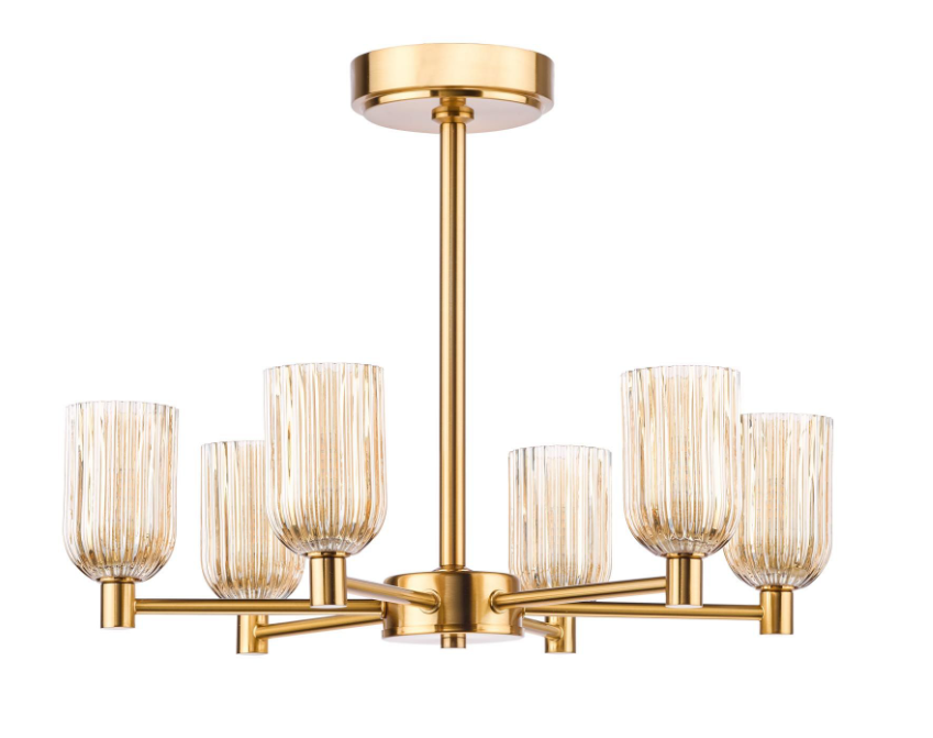 Hilaria 6Lt Semi-Flush Light- Antique Gold and Amber Ribbed Glass