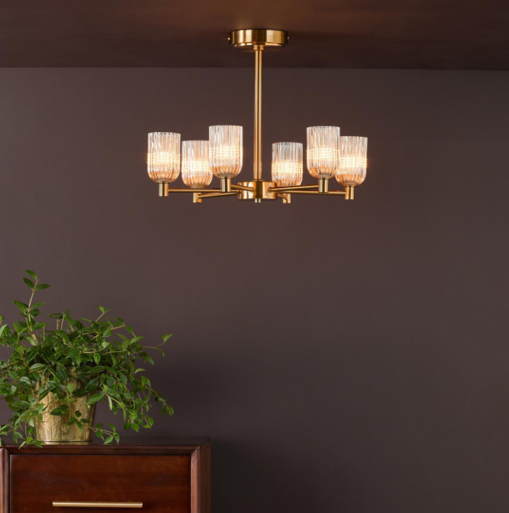 Hilaria 6Lt Semi-Flush Light- Antique Gold and Amber Ribbed Glass