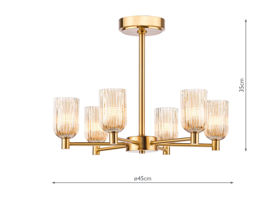 Hilaria 6Lt Semi-Flush Light- Antique Gold and Amber Ribbed Glass