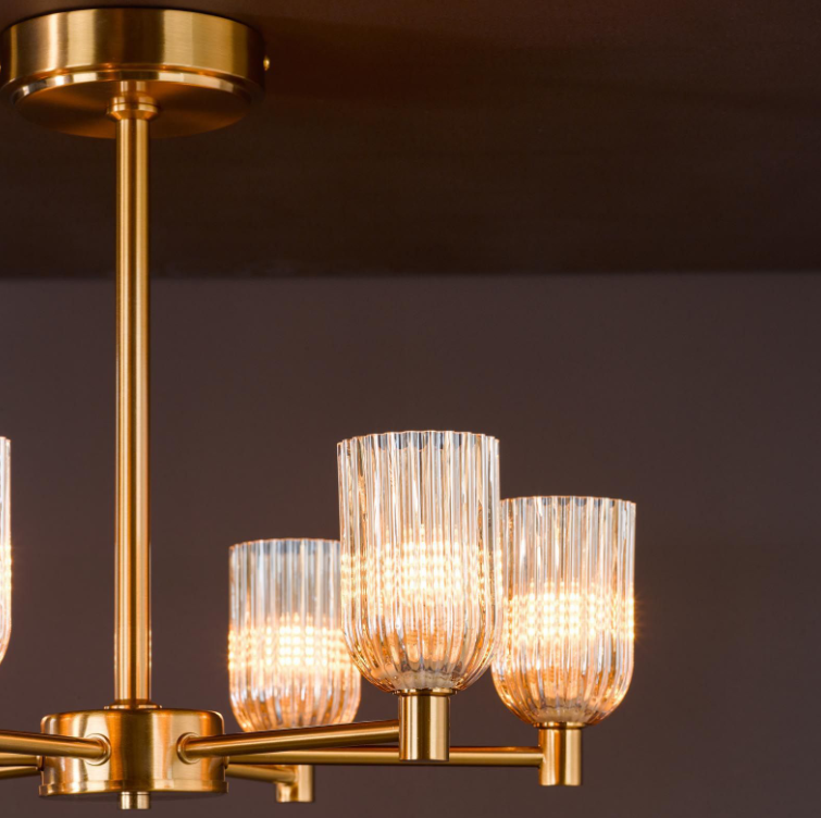 Hilaria 6Lt Semi-Flush Light- Antique Gold and Amber Ribbed Glass