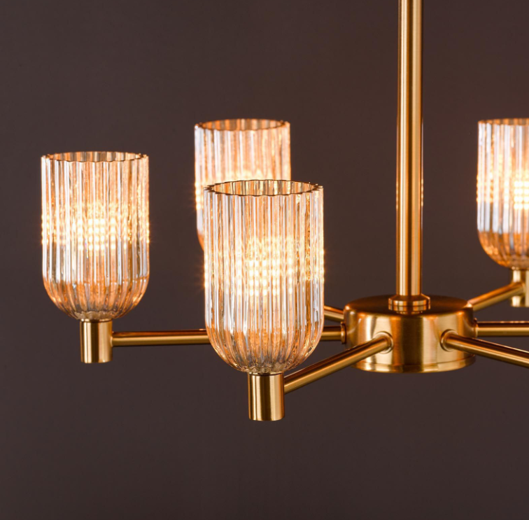 Hilaria 6Lt Semi-Flush Light- Antique Gold and Amber Ribbed Glass