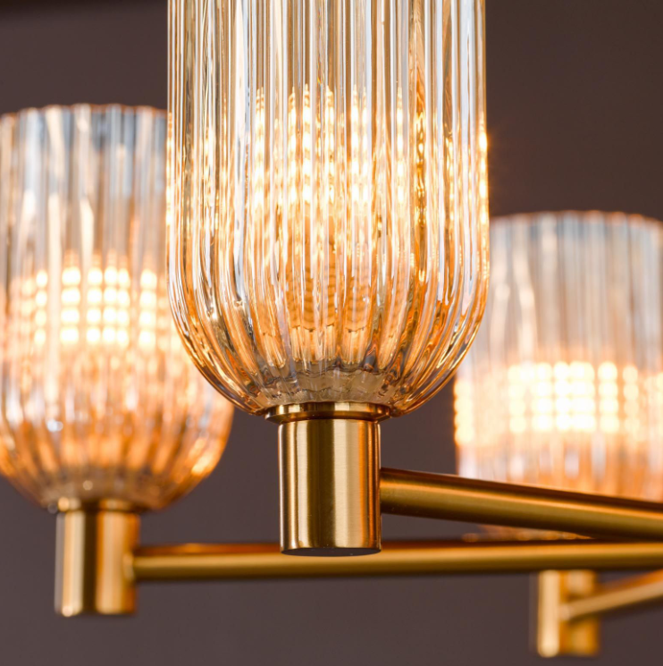 Hilaria 6Lt Semi-Flush Light- Antique Gold and Amber Ribbed Glass