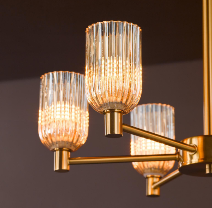 Hilaria 6Lt Semi-Flush Light- Antique Gold and Amber Ribbed Glass