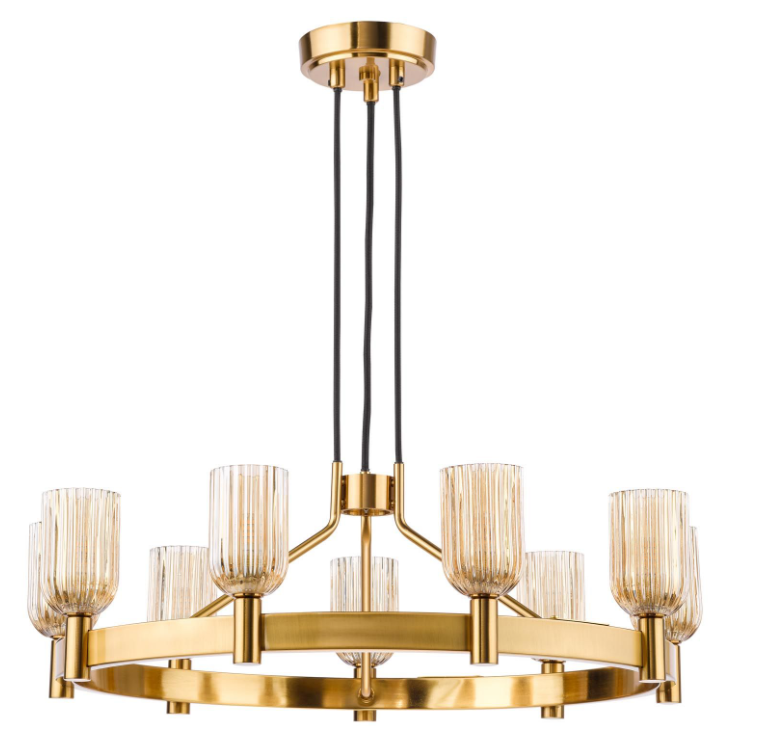 Hilaria 9 Light Chandelier-Antique Gold and Amber Ribbed Glass