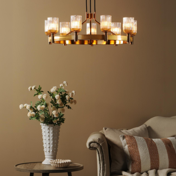 Hilaria 9 Light Chandelier-Antique Gold and Amber Ribbed Glass