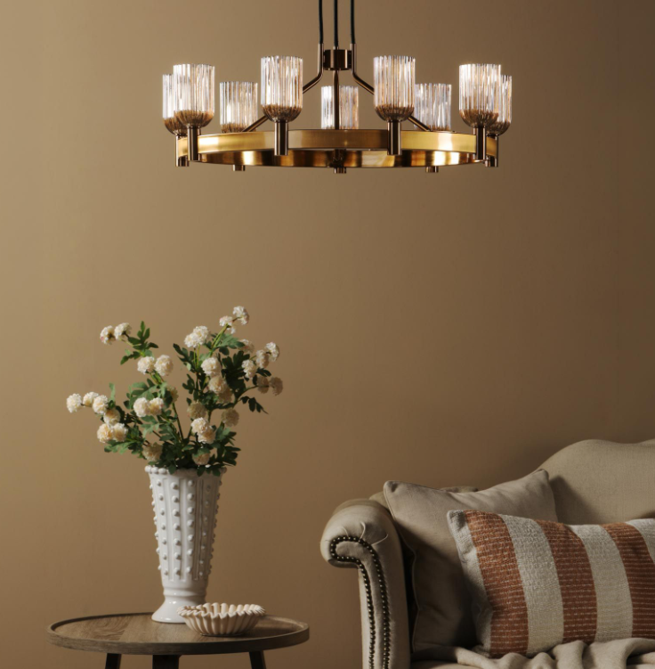 Hilaria 9 Light Chandelier-Antique Gold and Amber Ribbed Glass
