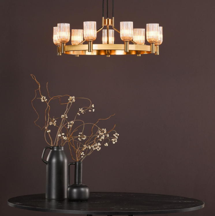 Hilaria 9 Light Chandelier-Antique Gold and Amber Ribbed Glass