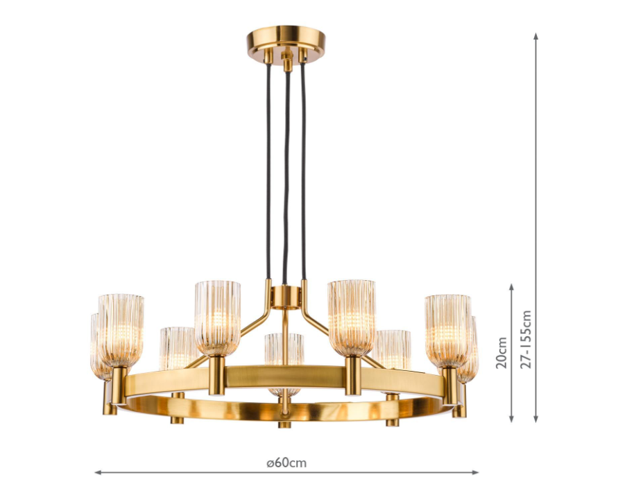 Hilaria 9 Light Chandelier-Antique Gold and Amber Ribbed Glass