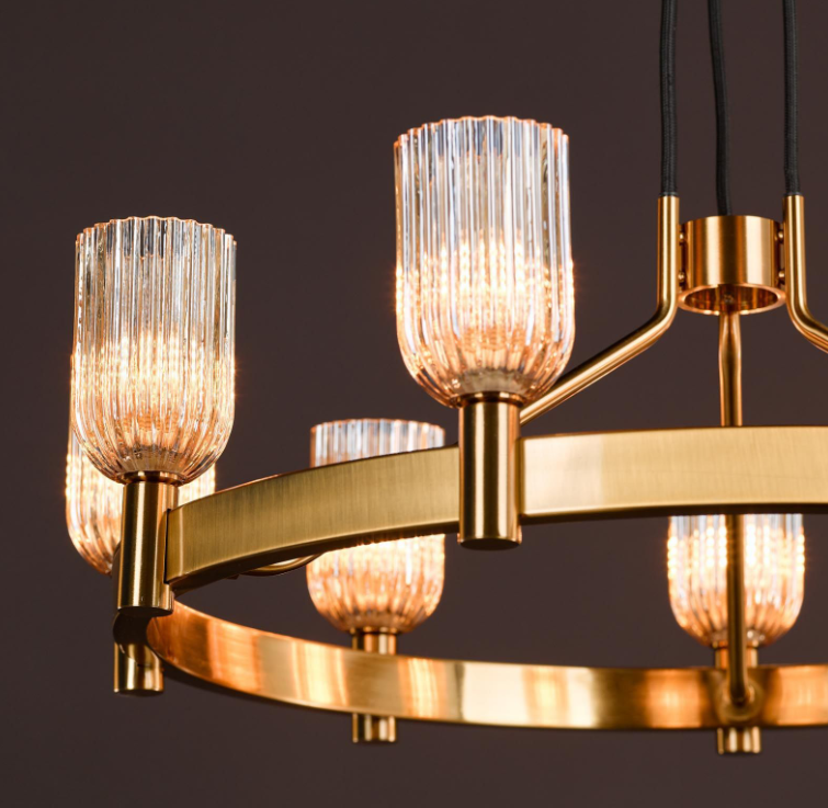 Hilaria 9 Light Chandelier-Antique Gold and Amber Ribbed Glass