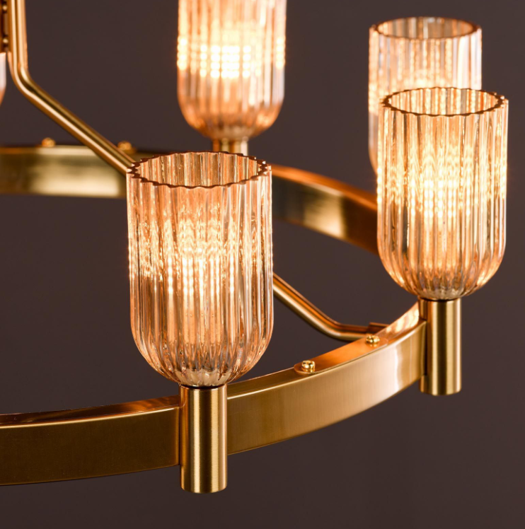 Hilaria 9 Light Chandelier-Antique Gold and Amber Ribbed Glass