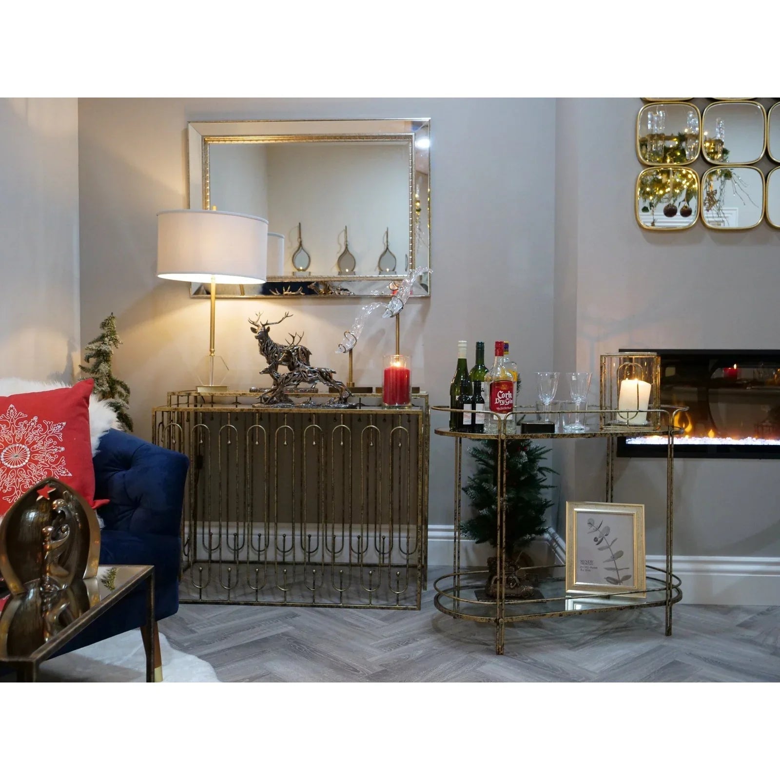 Estela Console Table Set of 2- Distressed Antique Gold & Mirrored Top Finish