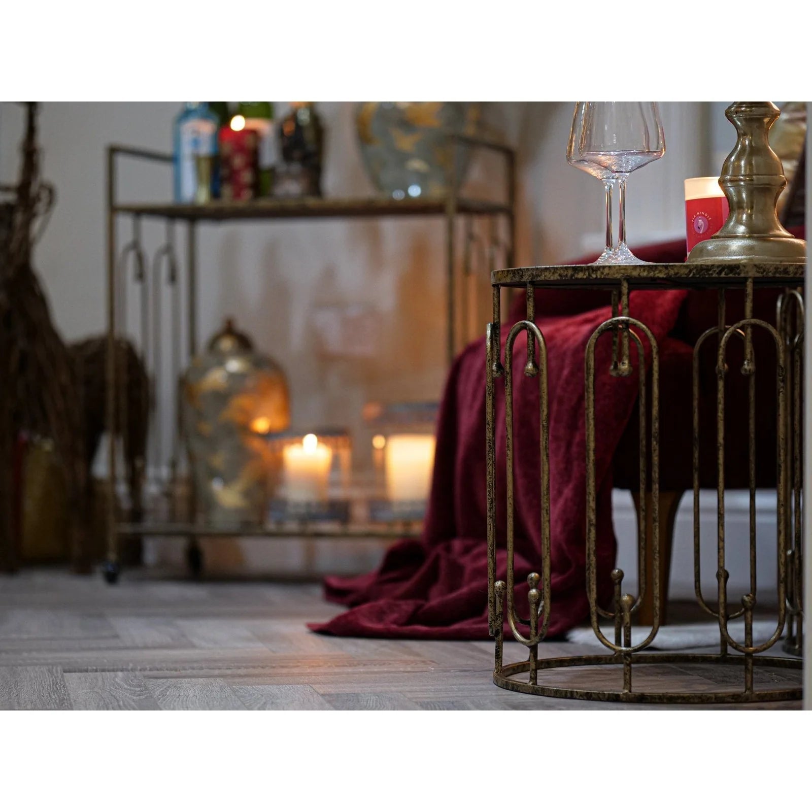 Estela Side Table Set of 2- Distressed Antique Gold & Marble/Mirror Finish