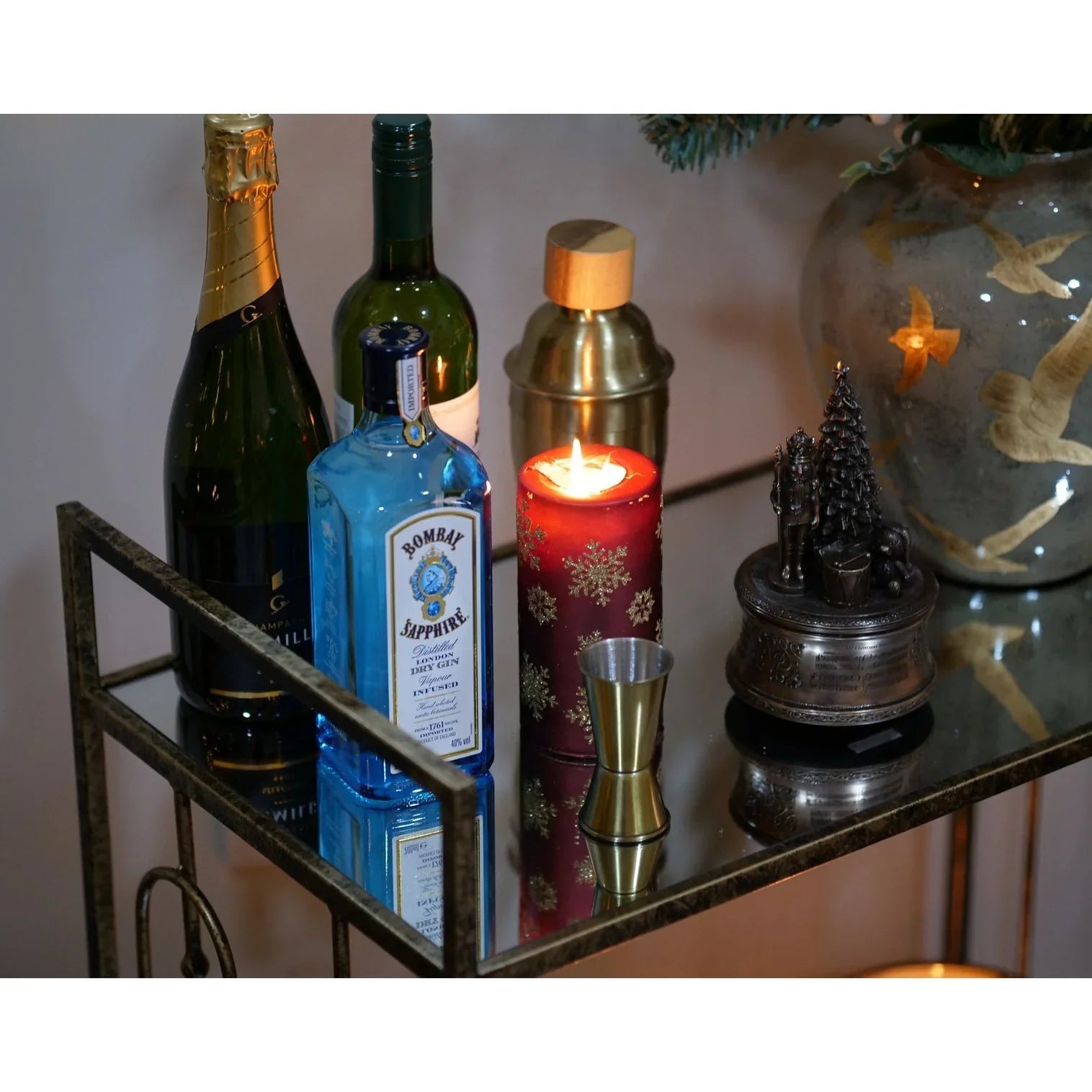 Estela Drinks Trolley - Distressed Gold & Mirrored Top Finish