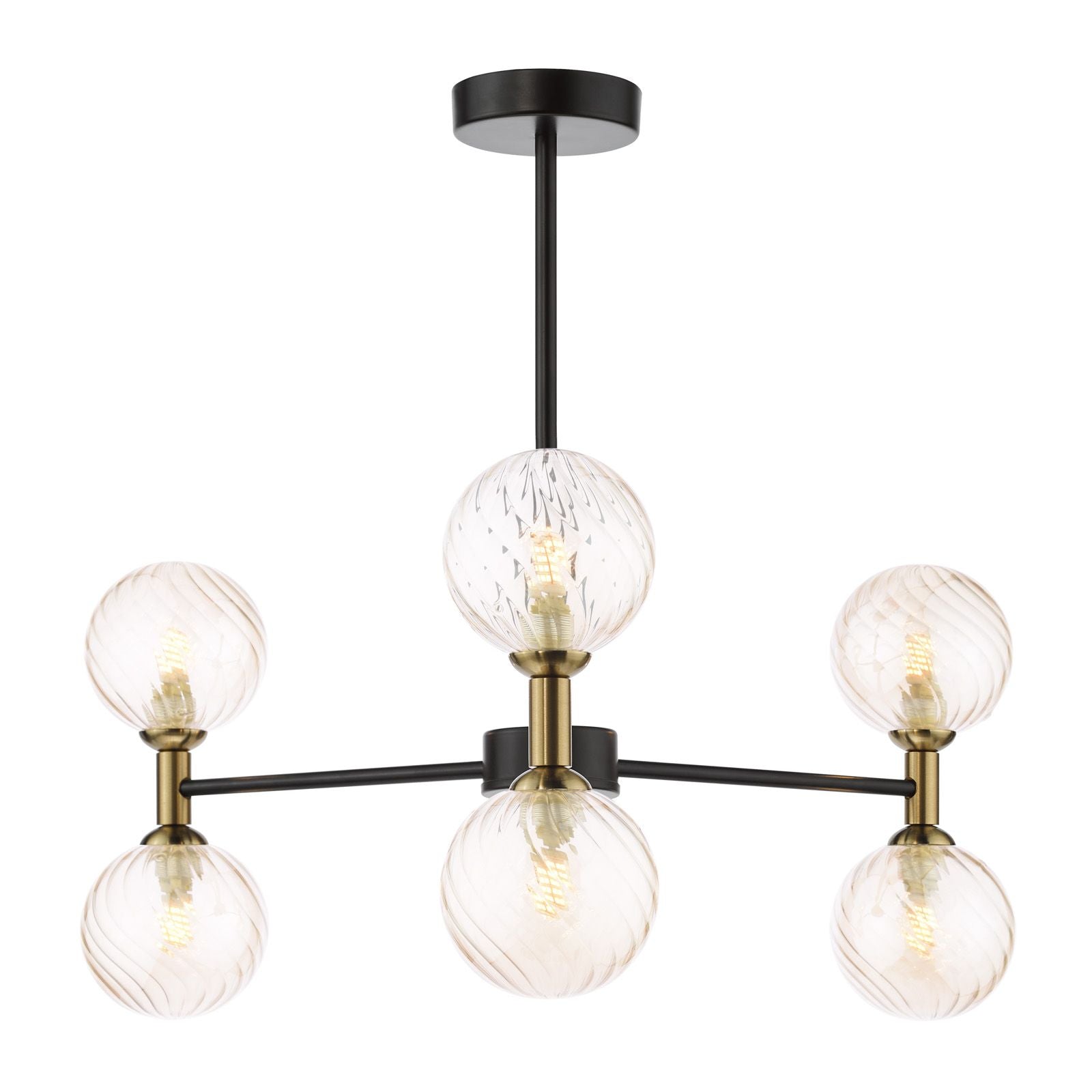 Takara 6/10 Light Semi-Flush Ceiling Light- Matt Black and Bronze With Twisted Amber Glass