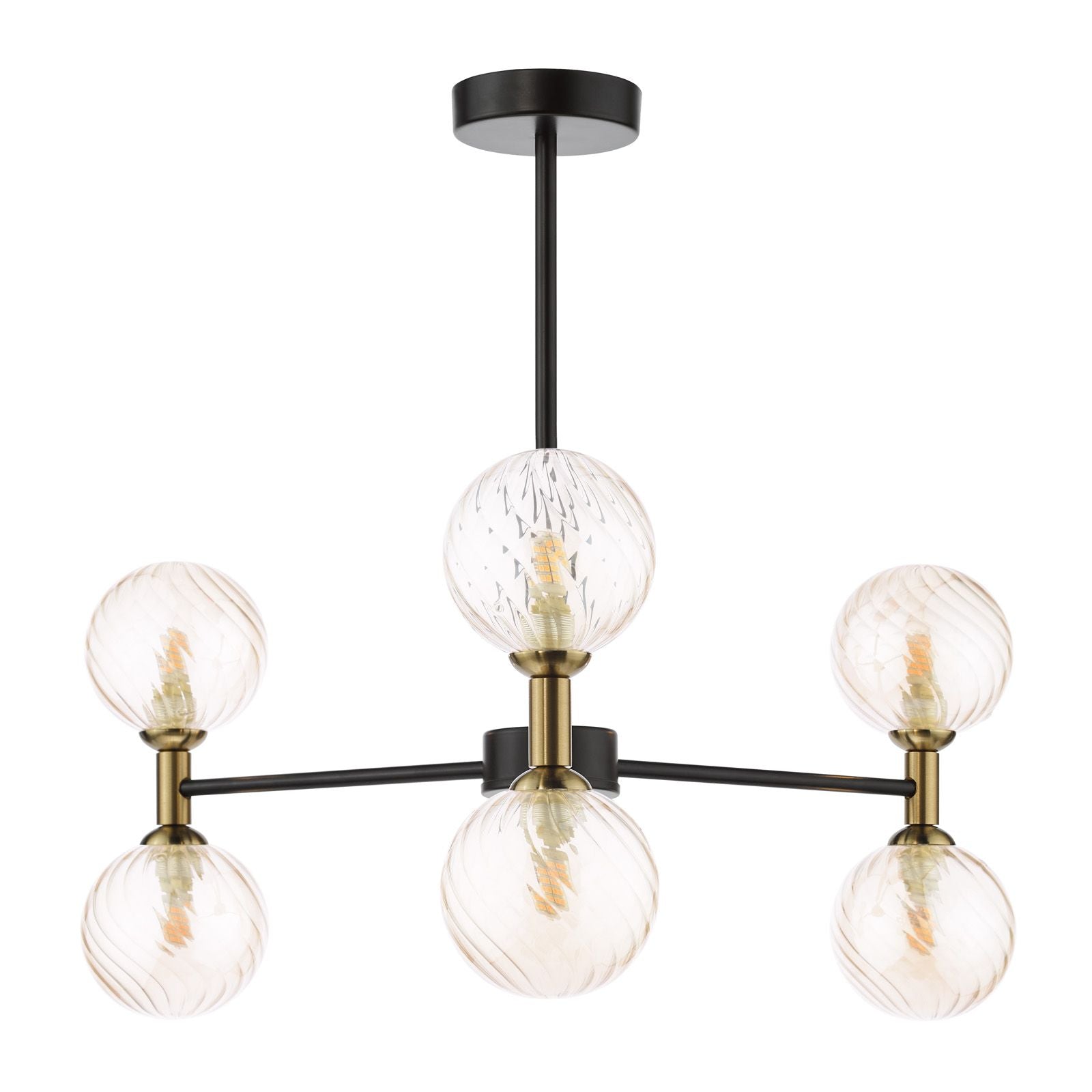 Takara 6/10 Light Semi-Flush Ceiling Light- Matt Black and Bronze With Twisted Amber Glass