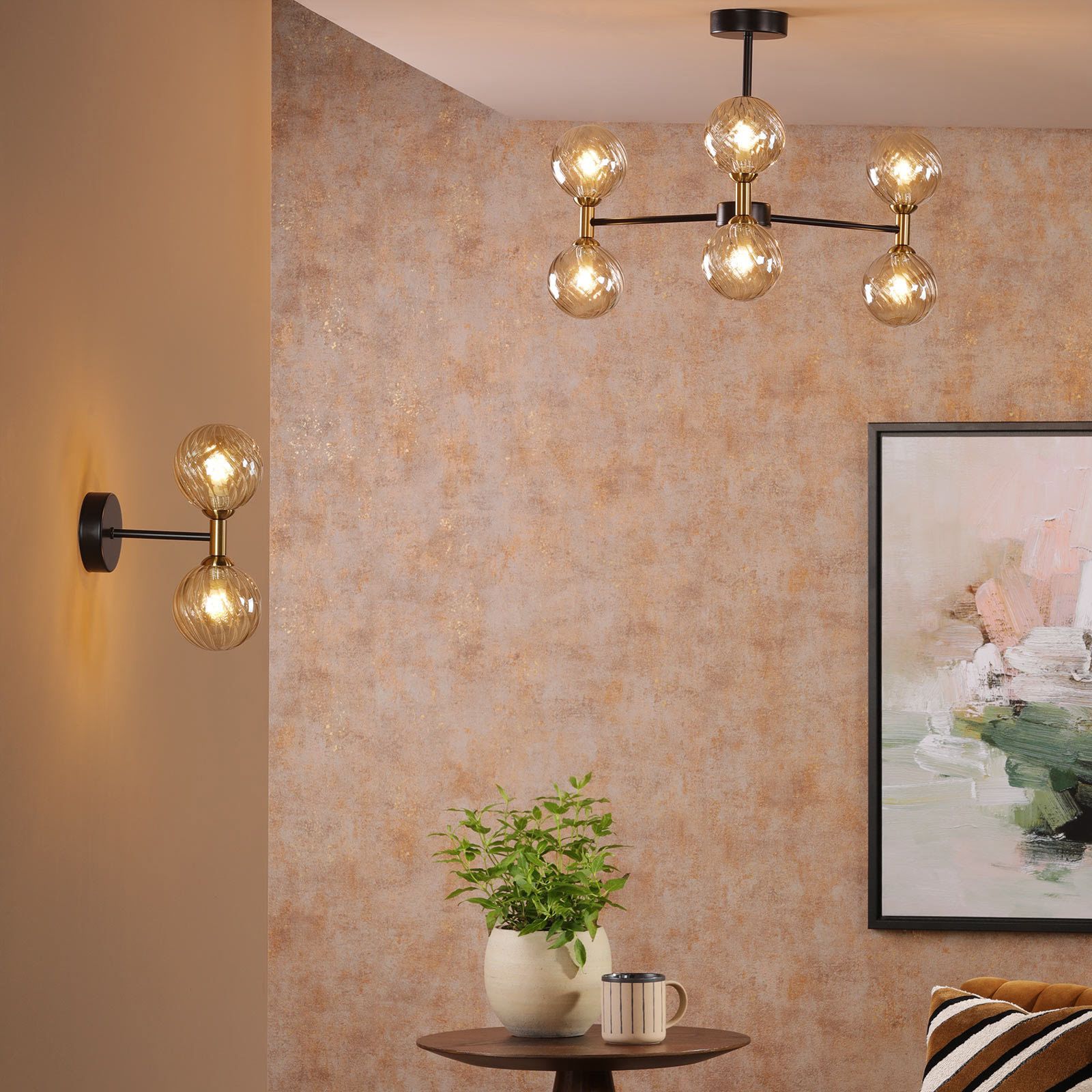 Takara 6/10 Light Semi-Flush Ceiling Light- Matt Black and Bronze With Twisted Amber Glass