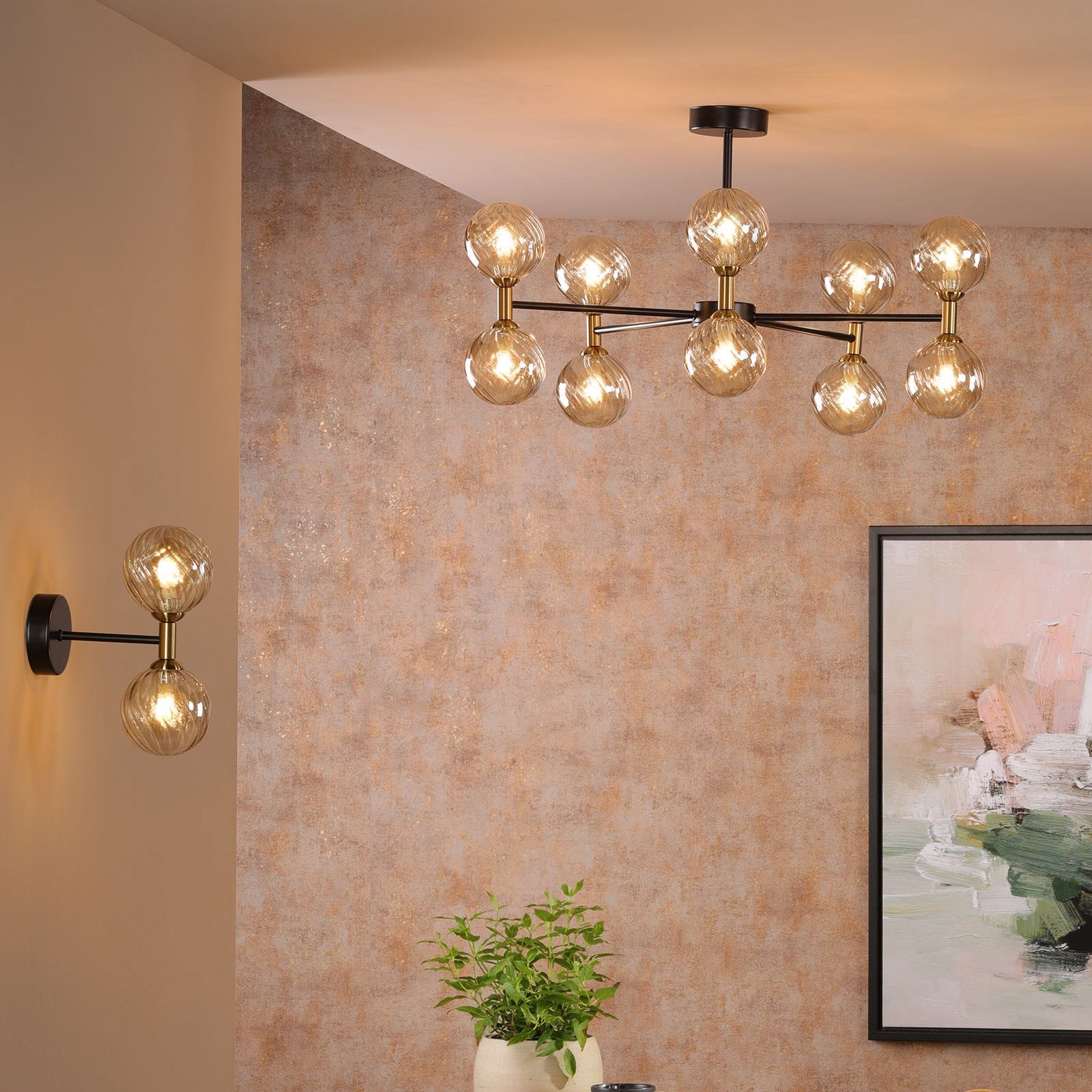 Takara 6/10 Light Semi-Flush Ceiling Light- Matt Black and Bronze With Twisted Amber Glass