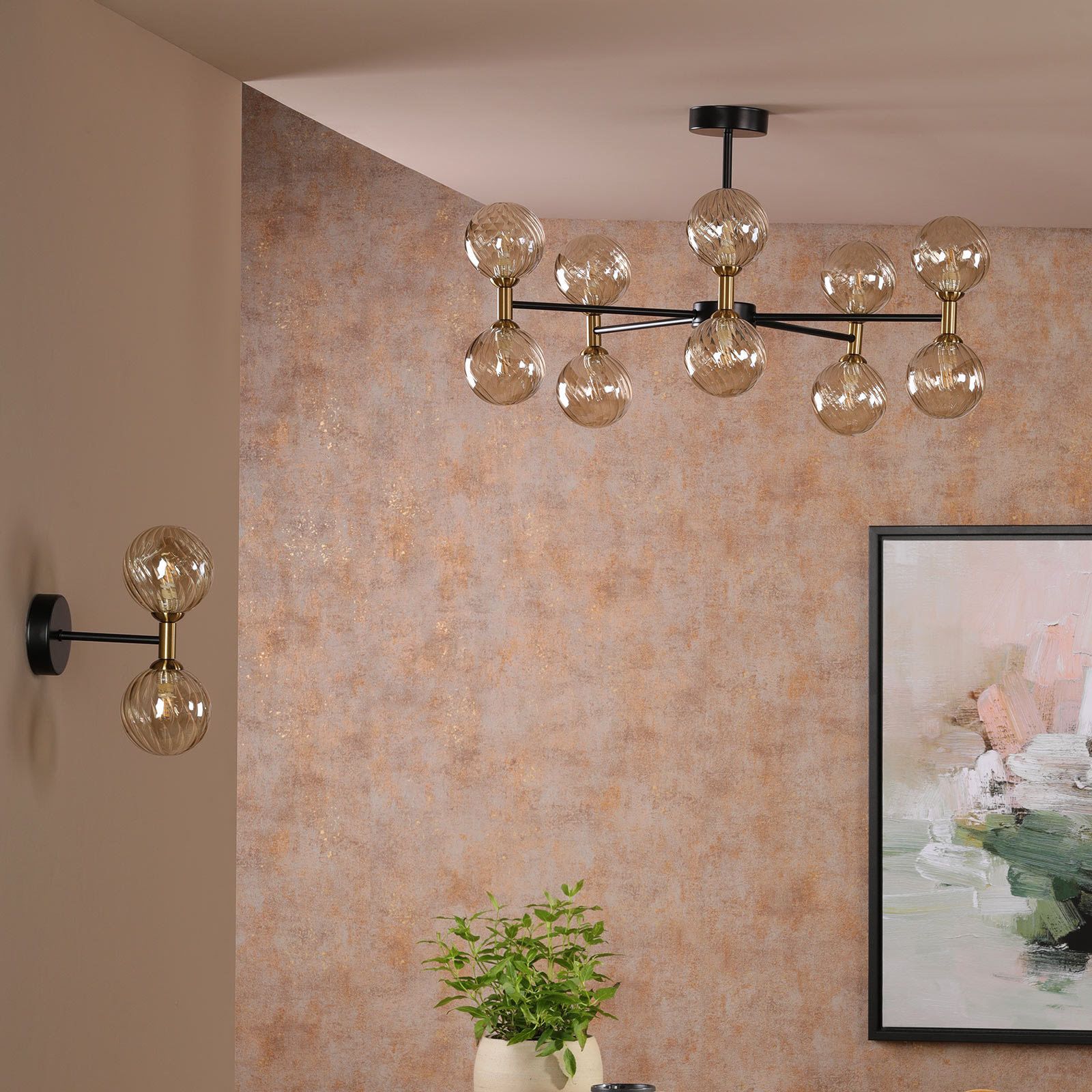 Takara 6/10 Light Semi-Flush Ceiling Light- Matt Black and Bronze With Twisted Amber Glass