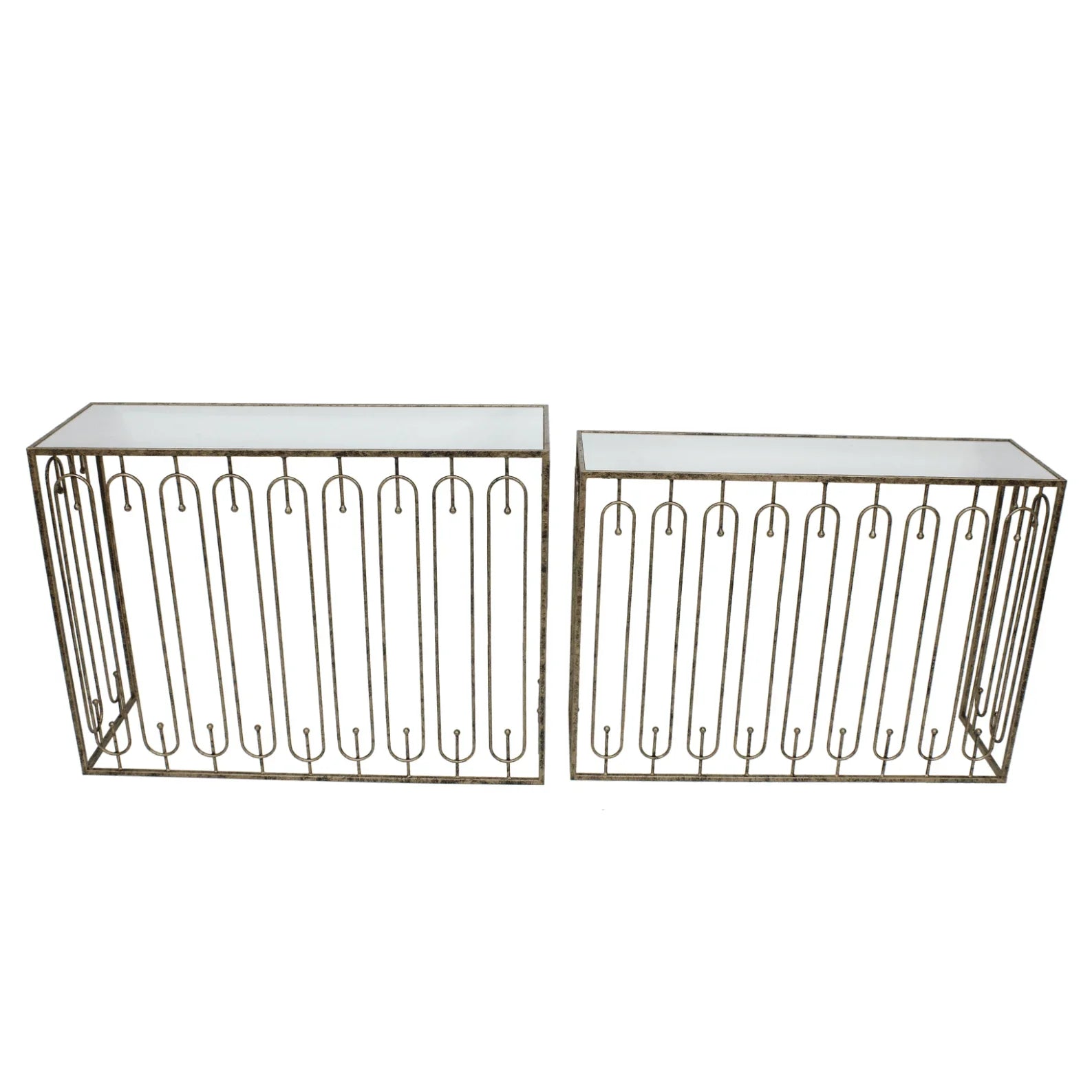 Estela Console Table Set of 2- Distressed Antique Gold & Mirrored Top Finish