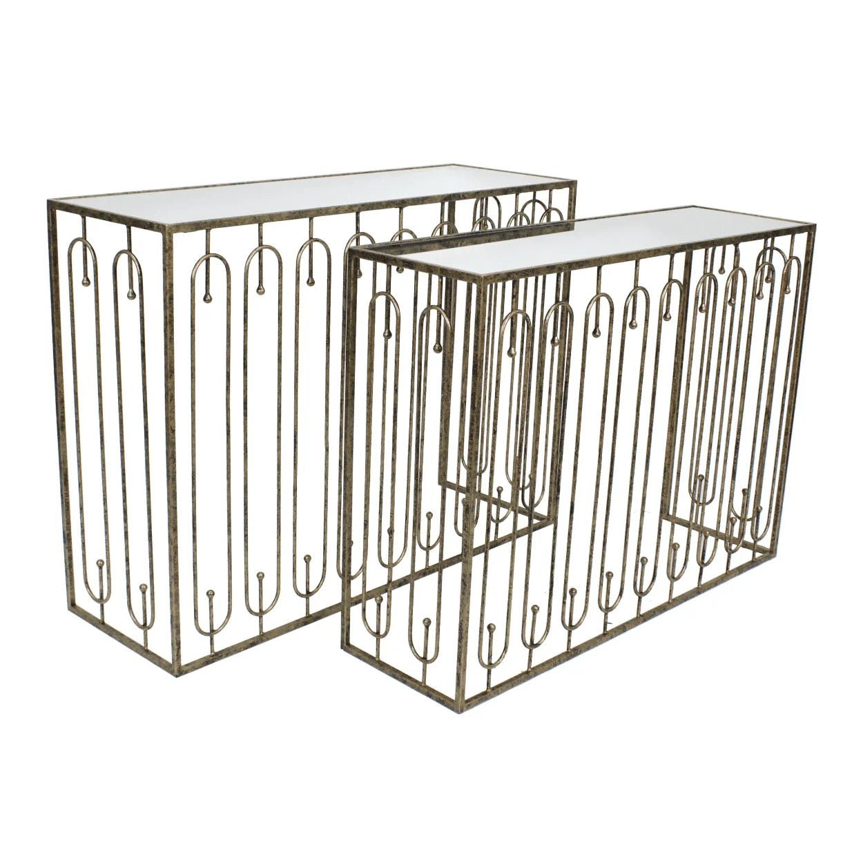 Estela Console Table Set of 2- Distressed Antique Gold & Mirrored Top Finish