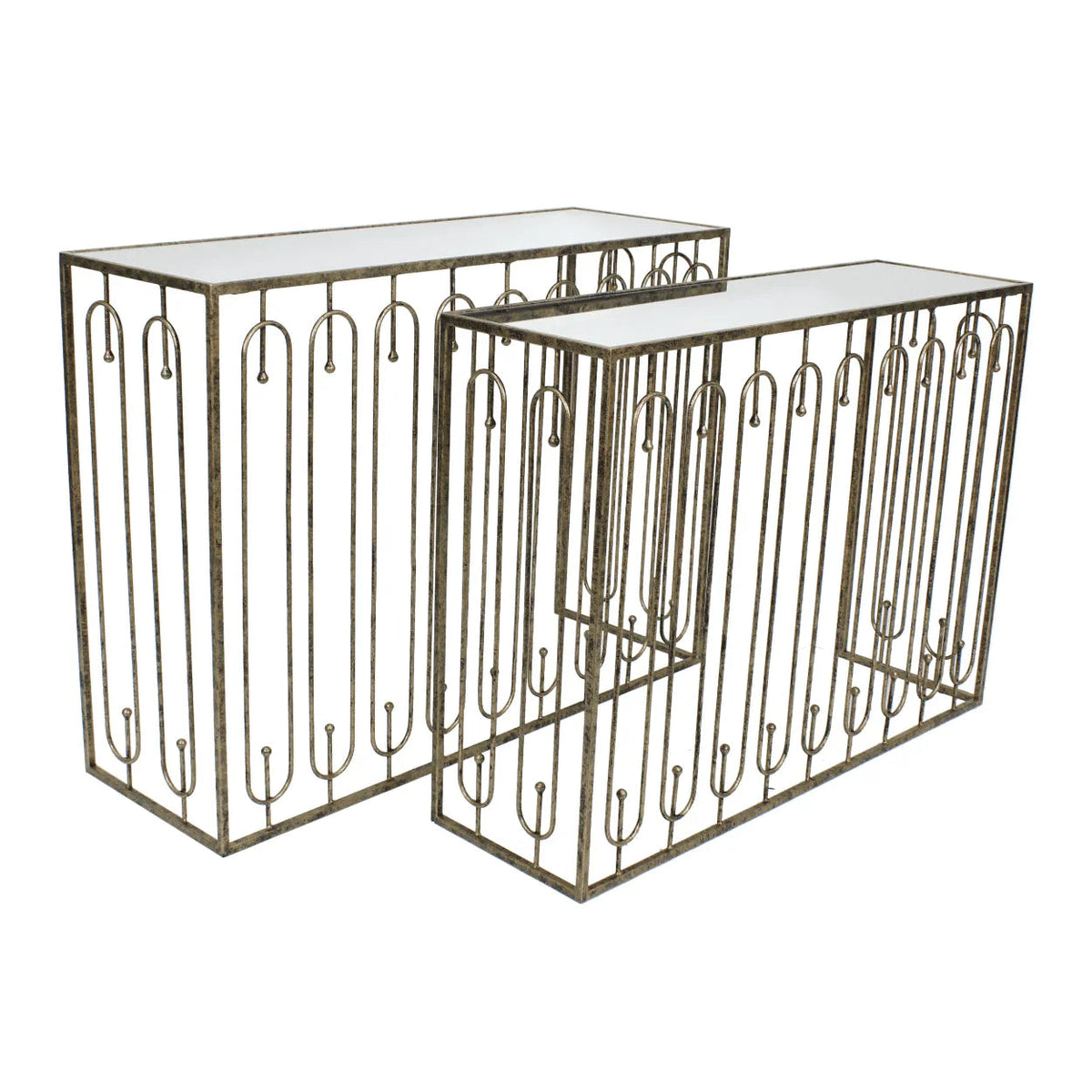 Estela Console Table Set of 2- Distressed Antique Gold & Mirrored Top Finish
