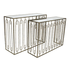 Estela Console Table Set of 2- Distressed Antique Gold & Mirrored Top Finish