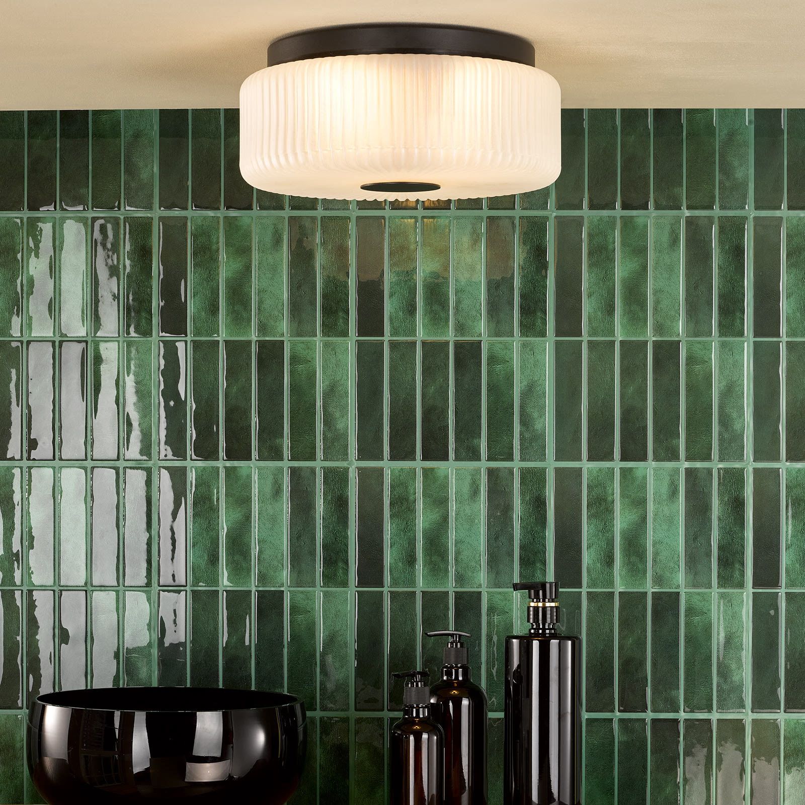 Twyman 3 Light Flush Ceiling Light IP44- Satin Black/ Polished Chrome Ribbed Glass Finishes
