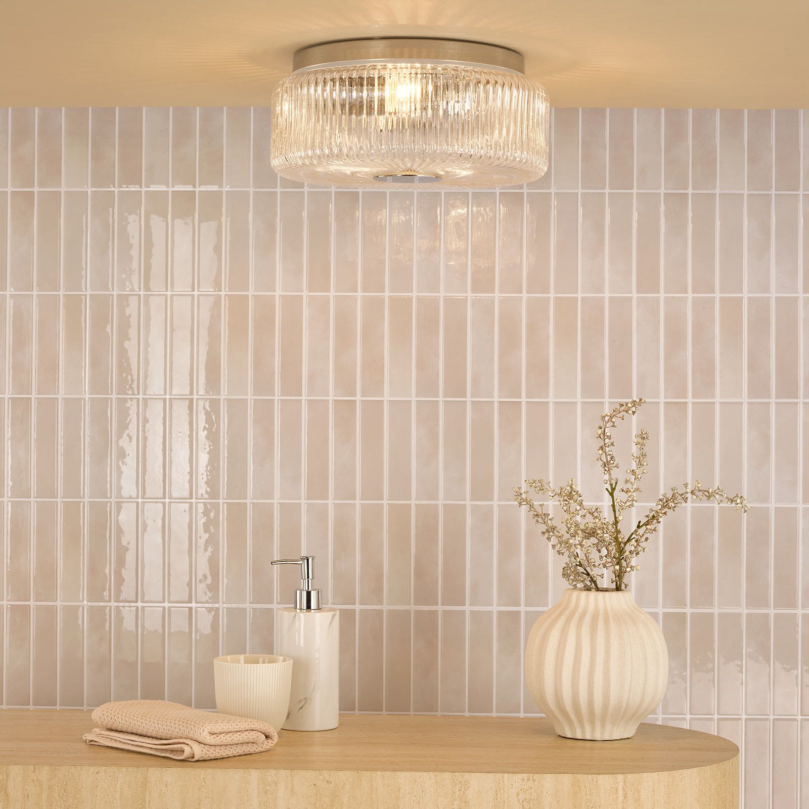 Twyman 3 Light Flush Ceiling Light IP44- Satin Black/ Polished Chrome Ribbed Glass Finishes
