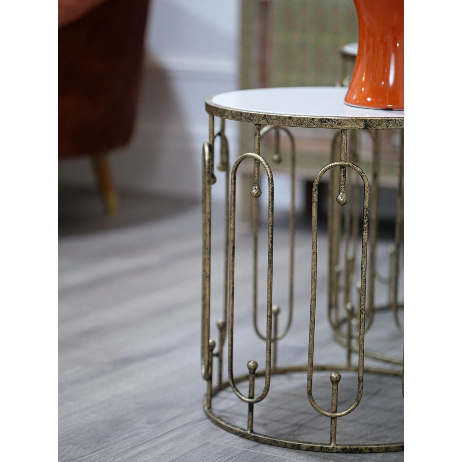 Estela Side Table Set of 2- Distressed Antique Gold & Marble/Mirror Finish