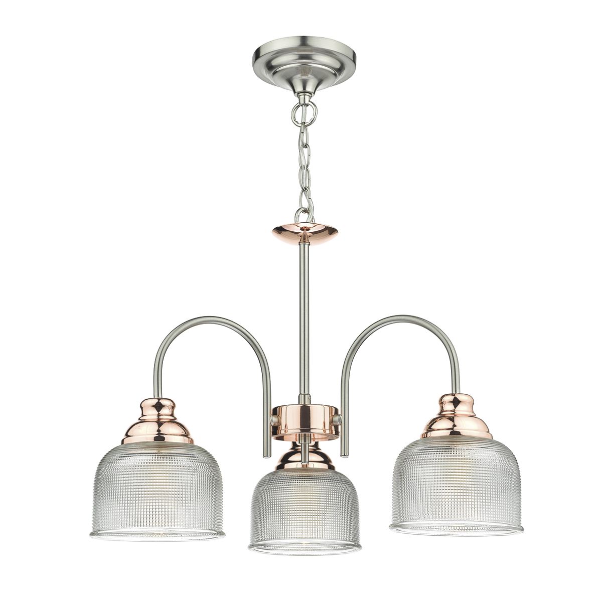 Wharfdale 3Lt Pendant Satin Chrome Copper detail Glass Shades