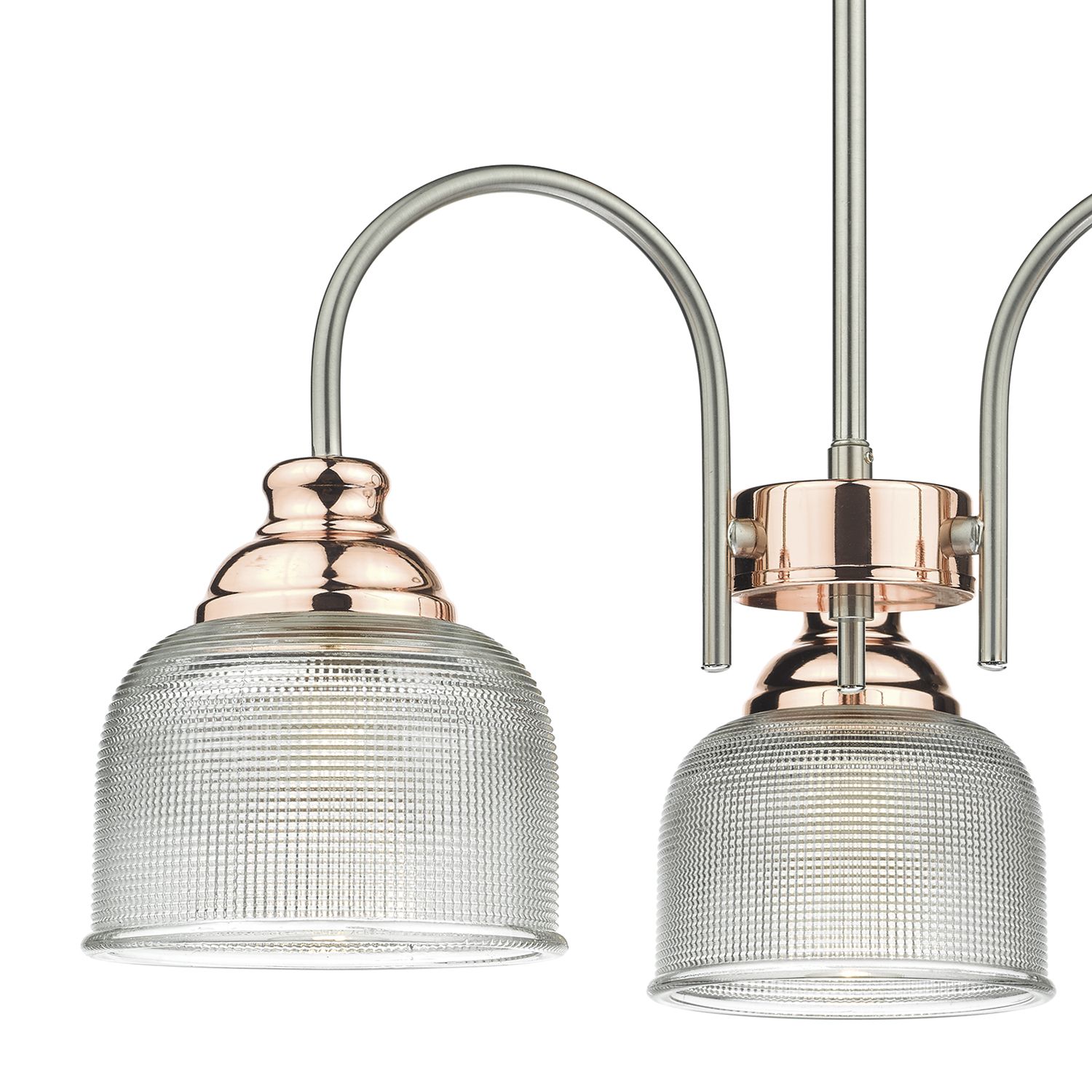 Wharfdale 3Lt Pendant Satin Chrome Copper detail Glass Shades