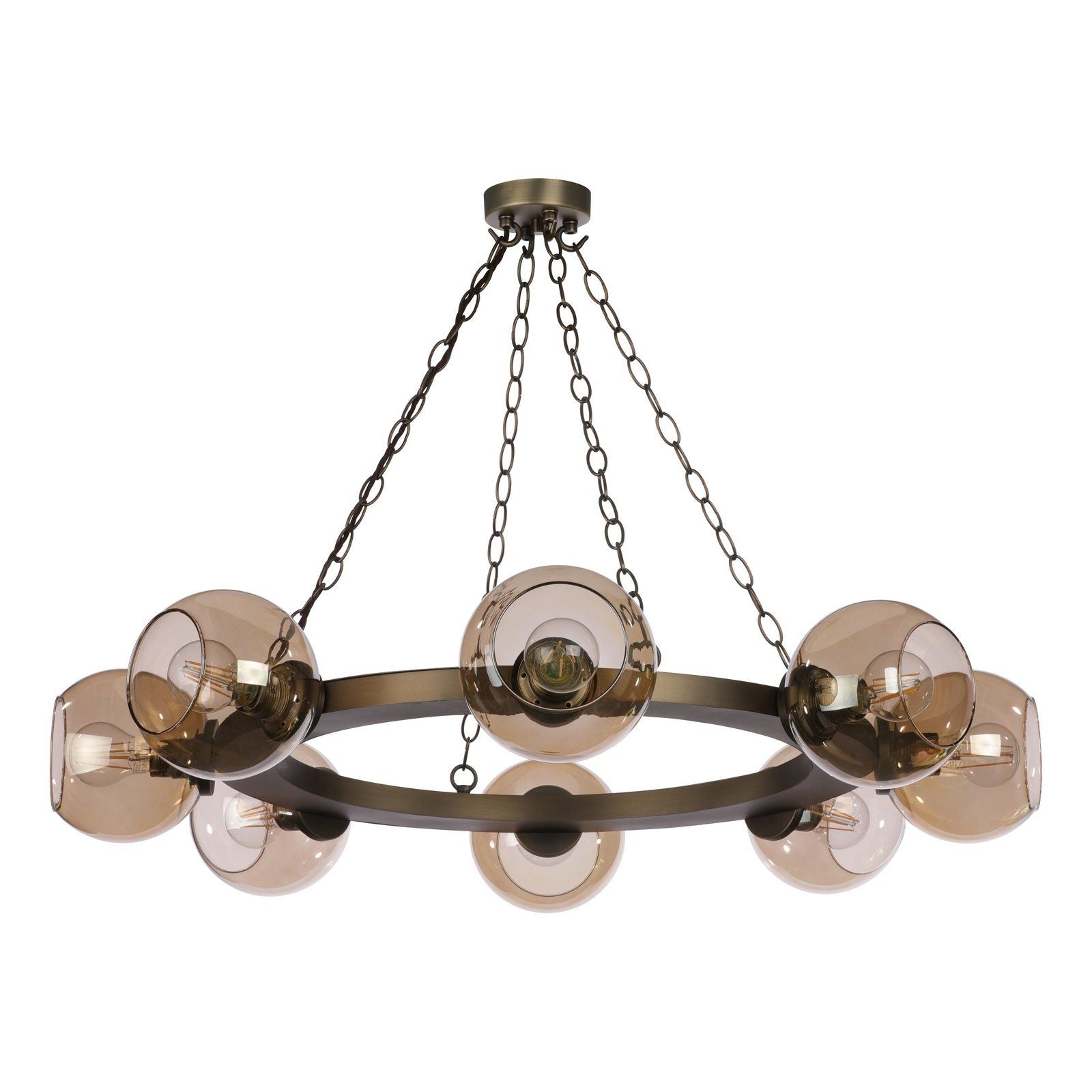 Zeus 8/16 Light Pendant Antique Brass and Amber Glass