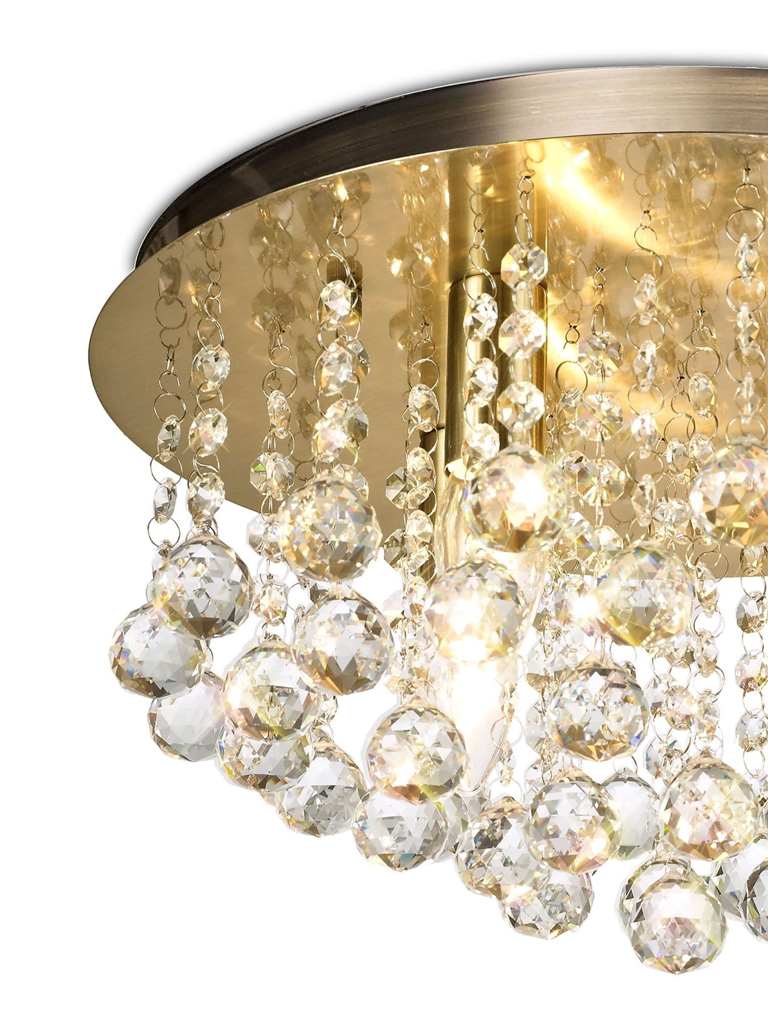 Acton Flush Ceiling 4 Light E14, 380mm Round, Polished Chrome, Antique Brass/Sphere Crystal - Cusack Lighting