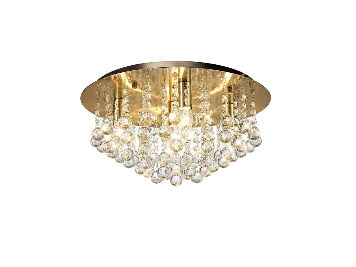 Acton Flush Ceiling 5 Light E14, 460mm Round, Antique Brass/Sphere Crystal
