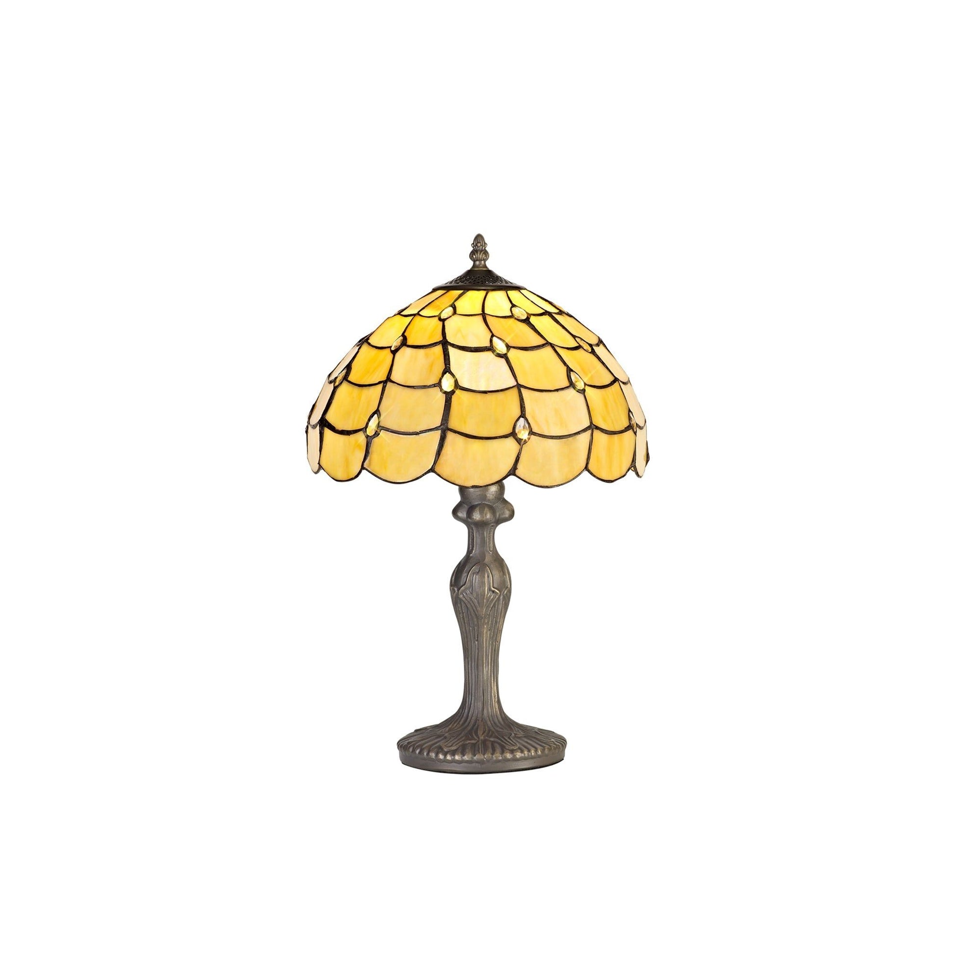 Aero 1 Light Curved Table Lamp E27 With 30cm Tiffany Shade, Beige/Clear Crystal/Aged Antique Brass