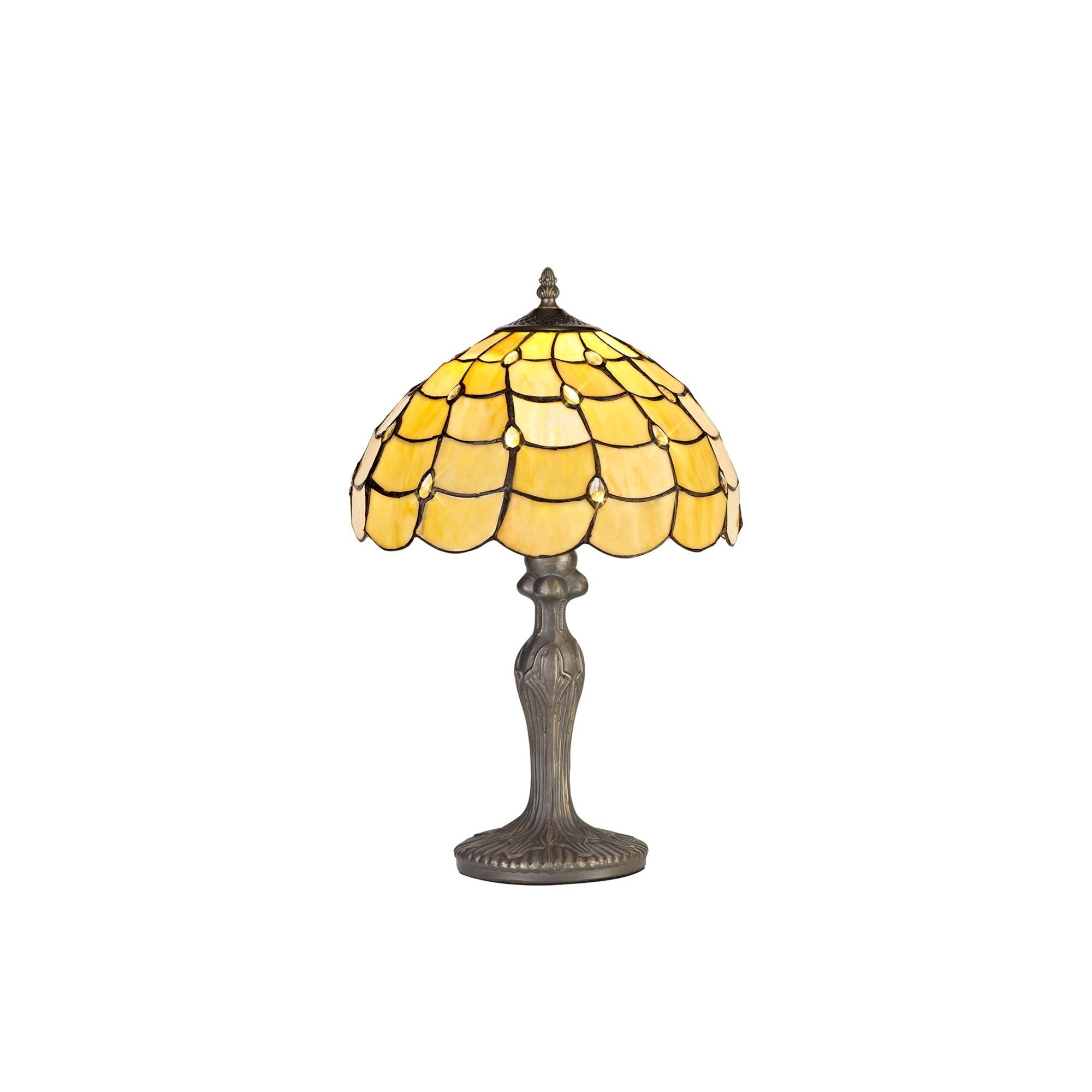 Aero 1 Light Curved Table Lamp E27 With 30cm Tiffany Shade, Beige/Clear Crystal/Aged Antique Brass
