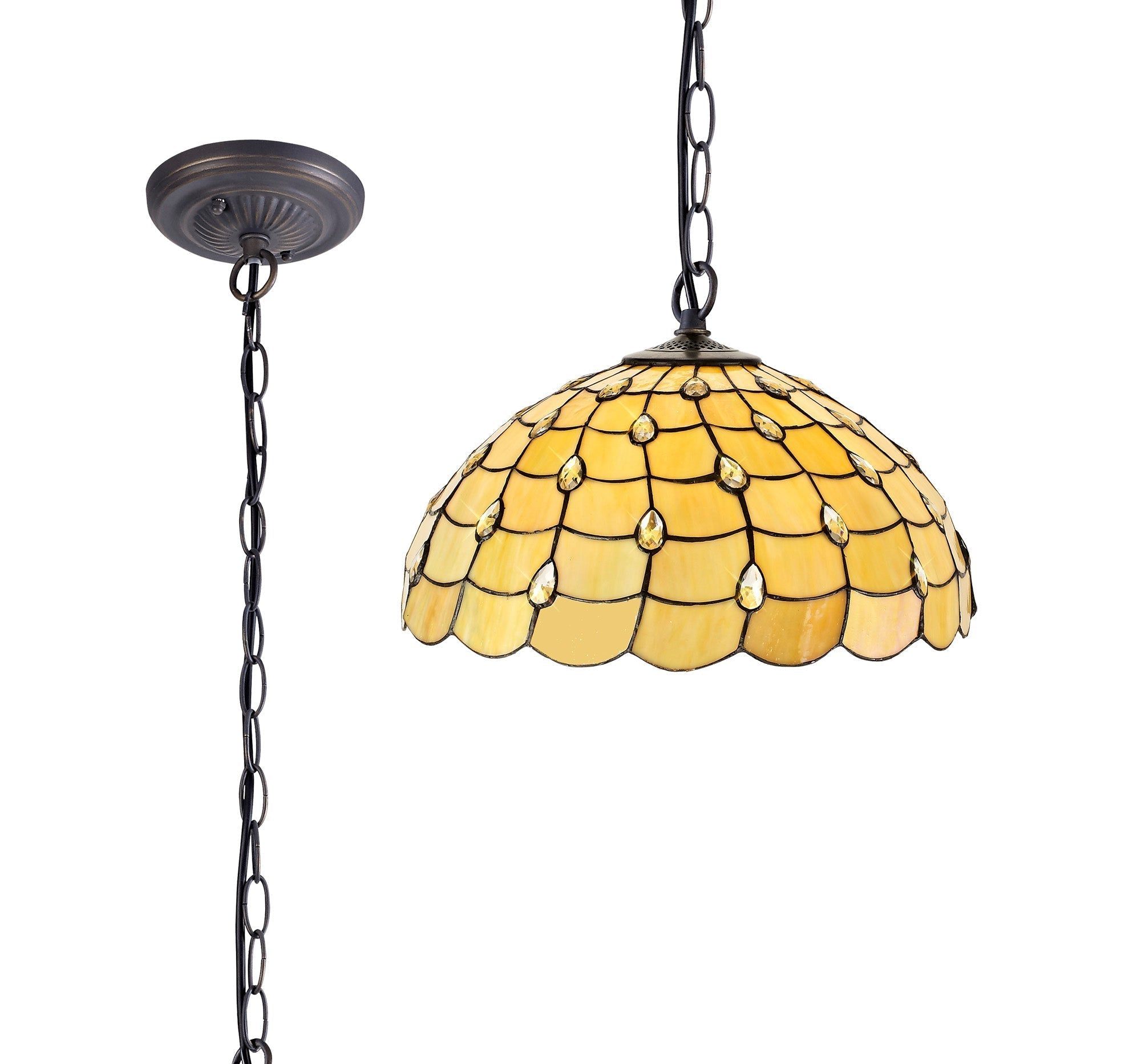 Aero 1 Light Downlighter Pendant E27 With 30/40/50cm Tiffany Shade, Beige/Clear Crystal/Aged Antique Brass