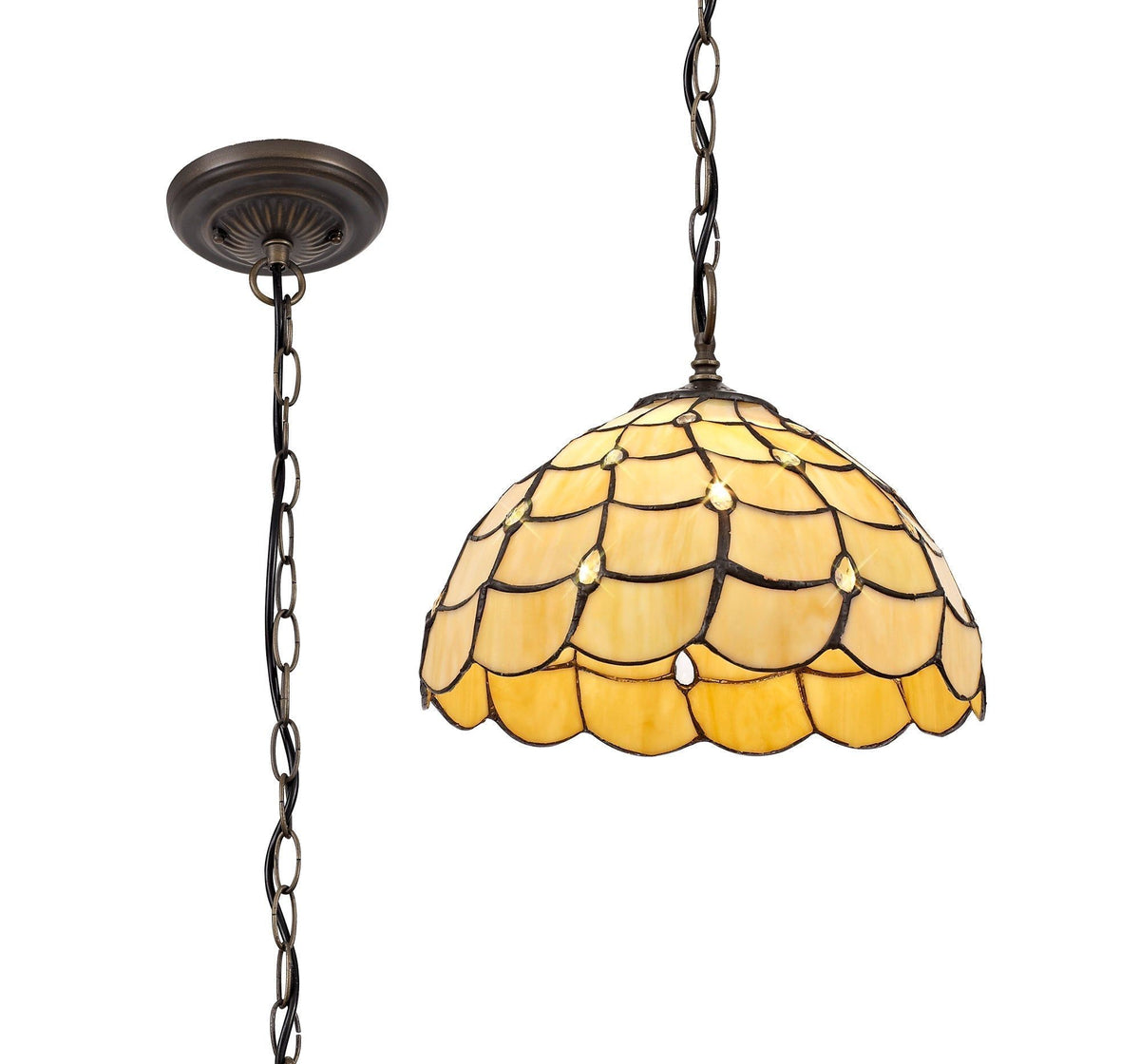 Aero 1 Light Downlighter Pendant E27 With 30/40/50cm Tiffany Shade, Beige/Clear Crystal/Aged Antique Brass