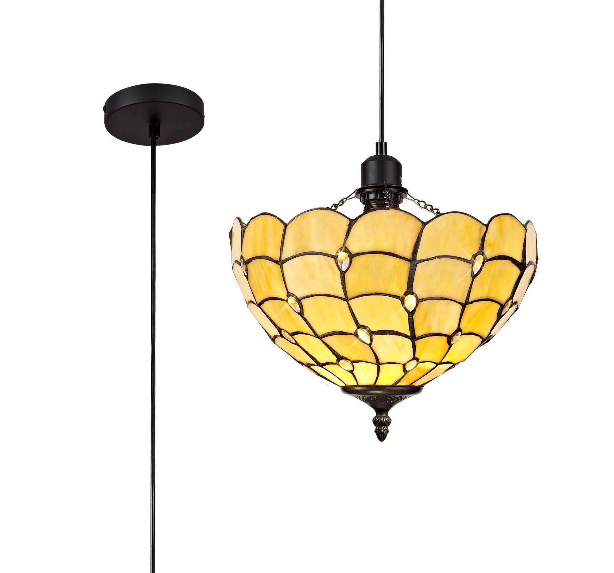 Aero 1 Light Downlighter Pendant E27 With 30/40/50cm Tiffany Shade, Beige/Clear Crystal/Aged Antique Brass