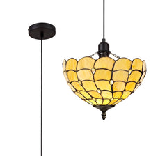 Aero 1 Light Downlighter Pendant E27 With 30/40/50cm Tiffany Shade, Beige/Clear Crystal/Aged Antique Brass