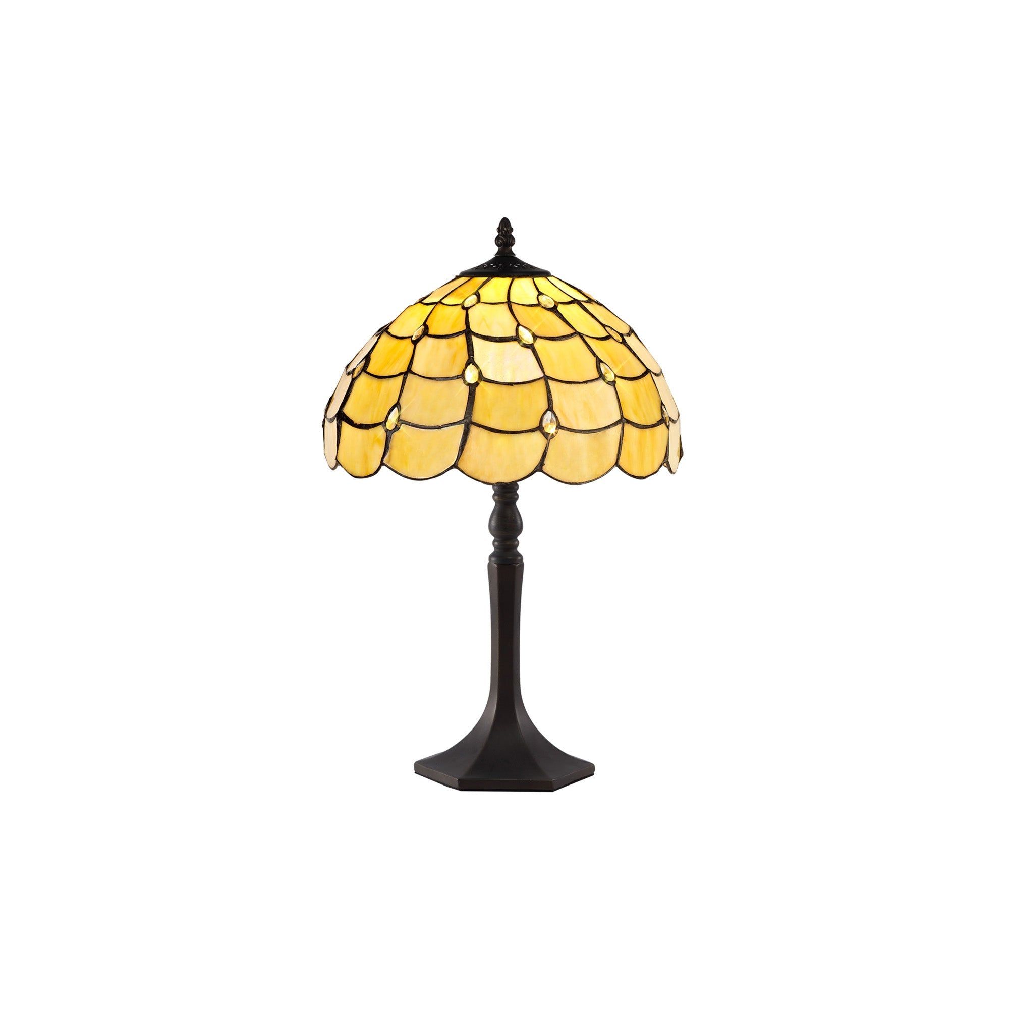 Aero 1 Light Octagonal Table Lamp E27 With 30cm Tiffany Shade, Beige/Clear Crystal/Aged Antique Brass