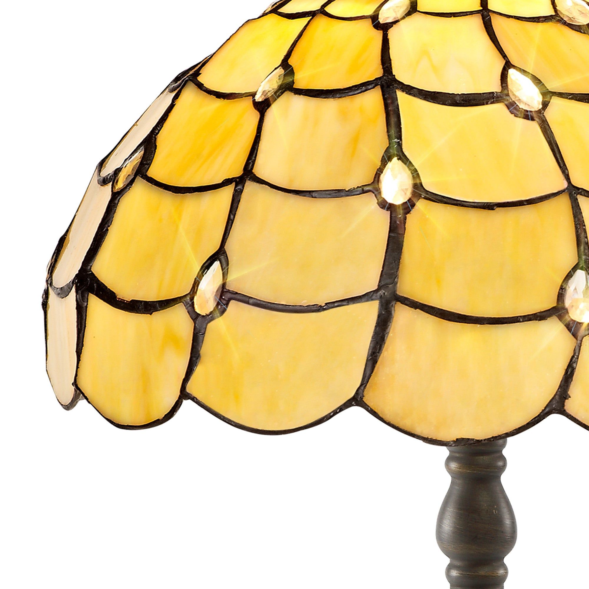 Aero 1 Light Octagonal Table Lamp E27 With 30cm Tiffany Shade, Beige/Clear Crystal/Aged Antique Brass