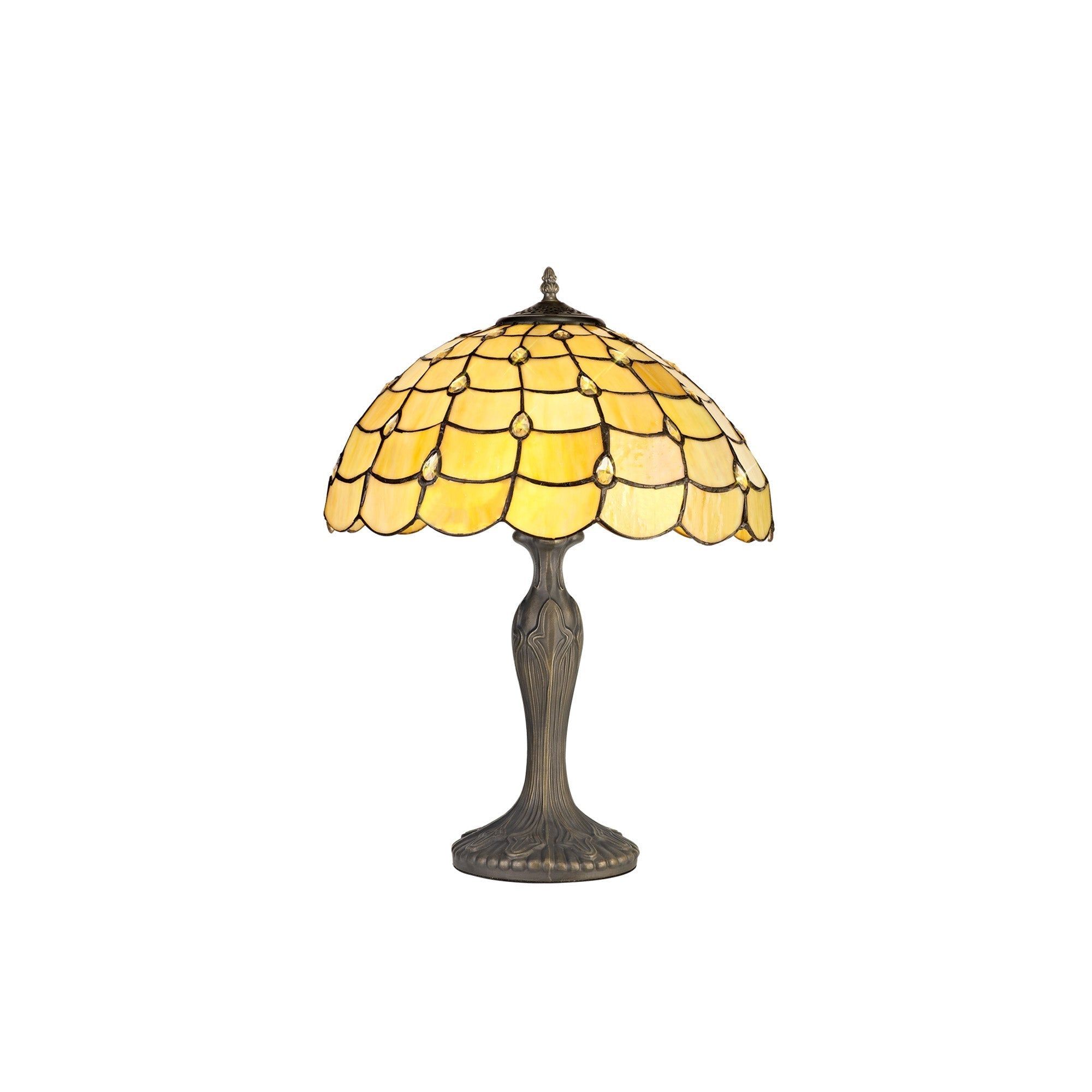 Aero 2 Light Curved Table Lamp E27 With 40cm Tiffany Shade, Beige/Clear Crystal/Aged Antique Brass