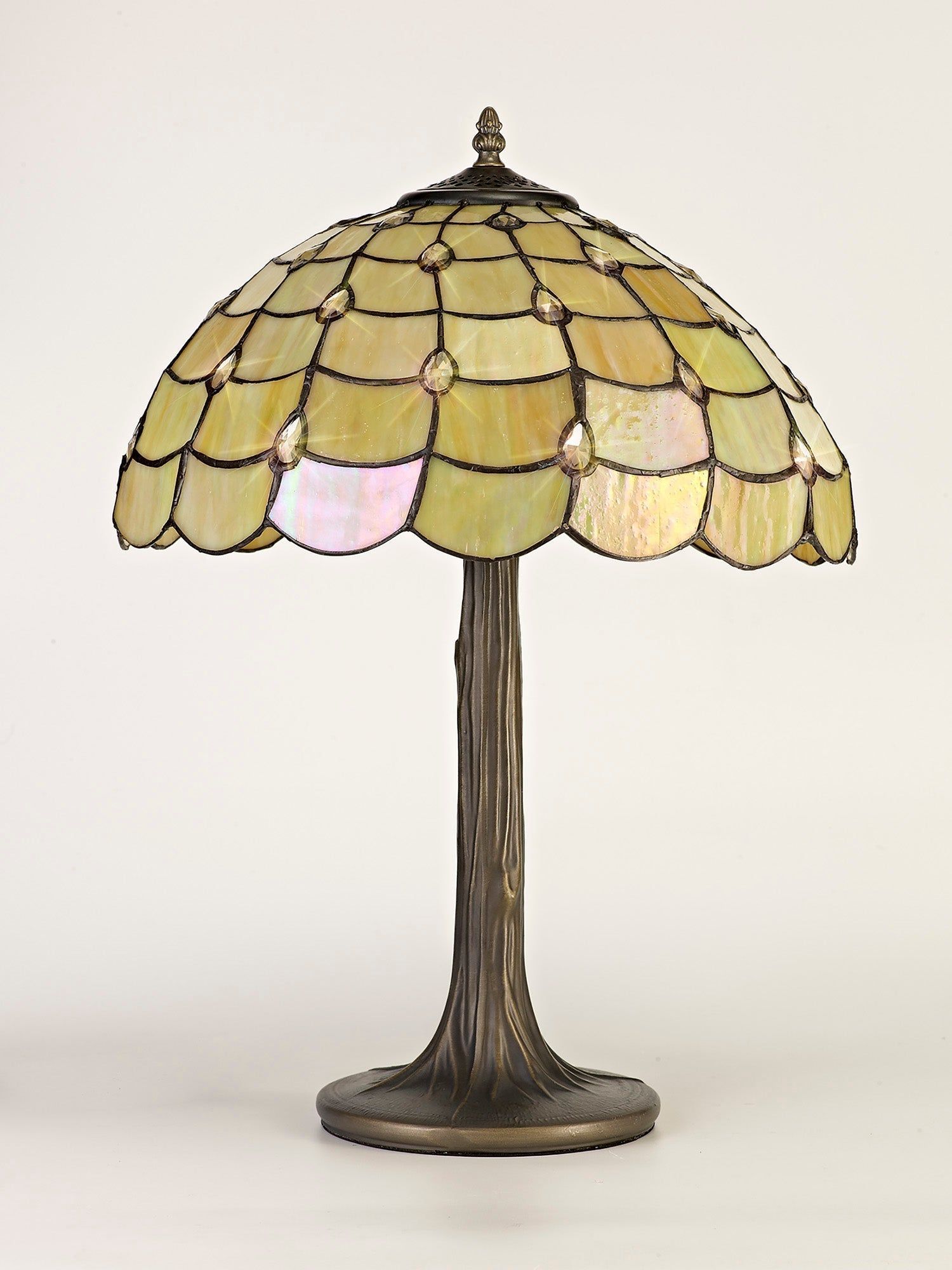 Aero 2 Light Curved/Octagonal Table Lamp E27 With 40cm Tiffany Shade, Beige/Clear Crystal/Aged Antique Brass