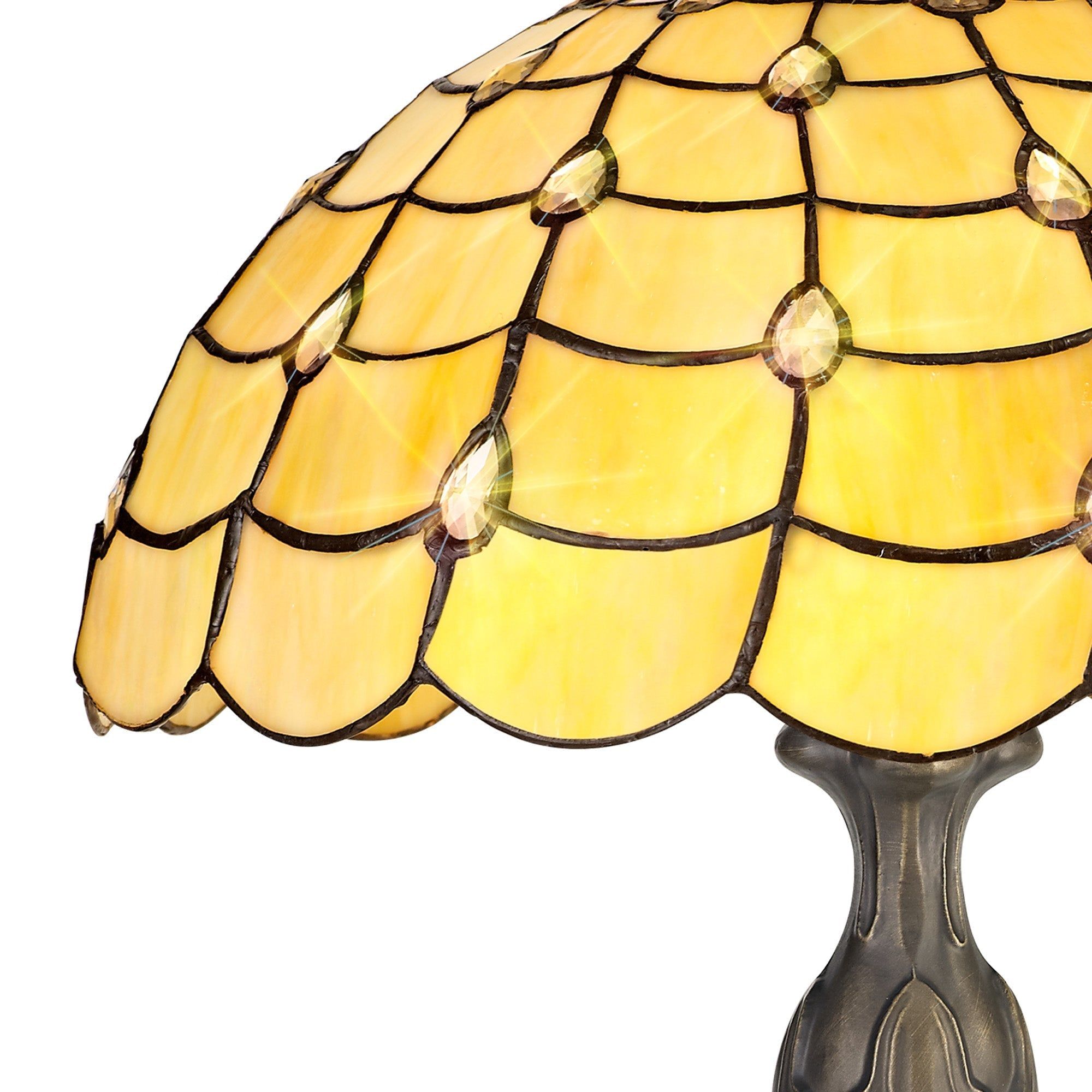 Aero 2 Light Curved Table Lamp E27 With 40cm Tiffany Shade, Beige/Clear Crystal/Aged Antique Brass