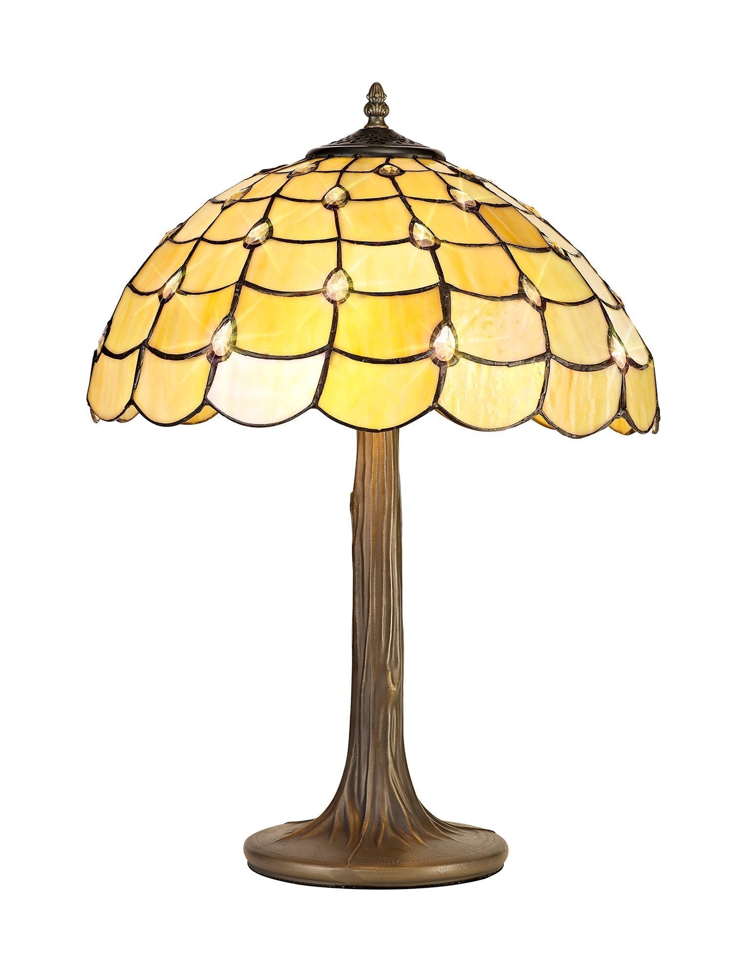 Aero 2 Light Curved/Octagonal Table Lamp E27 With 40cm Tiffany Shade, Beige/Clear Crystal/Aged Antique Brass