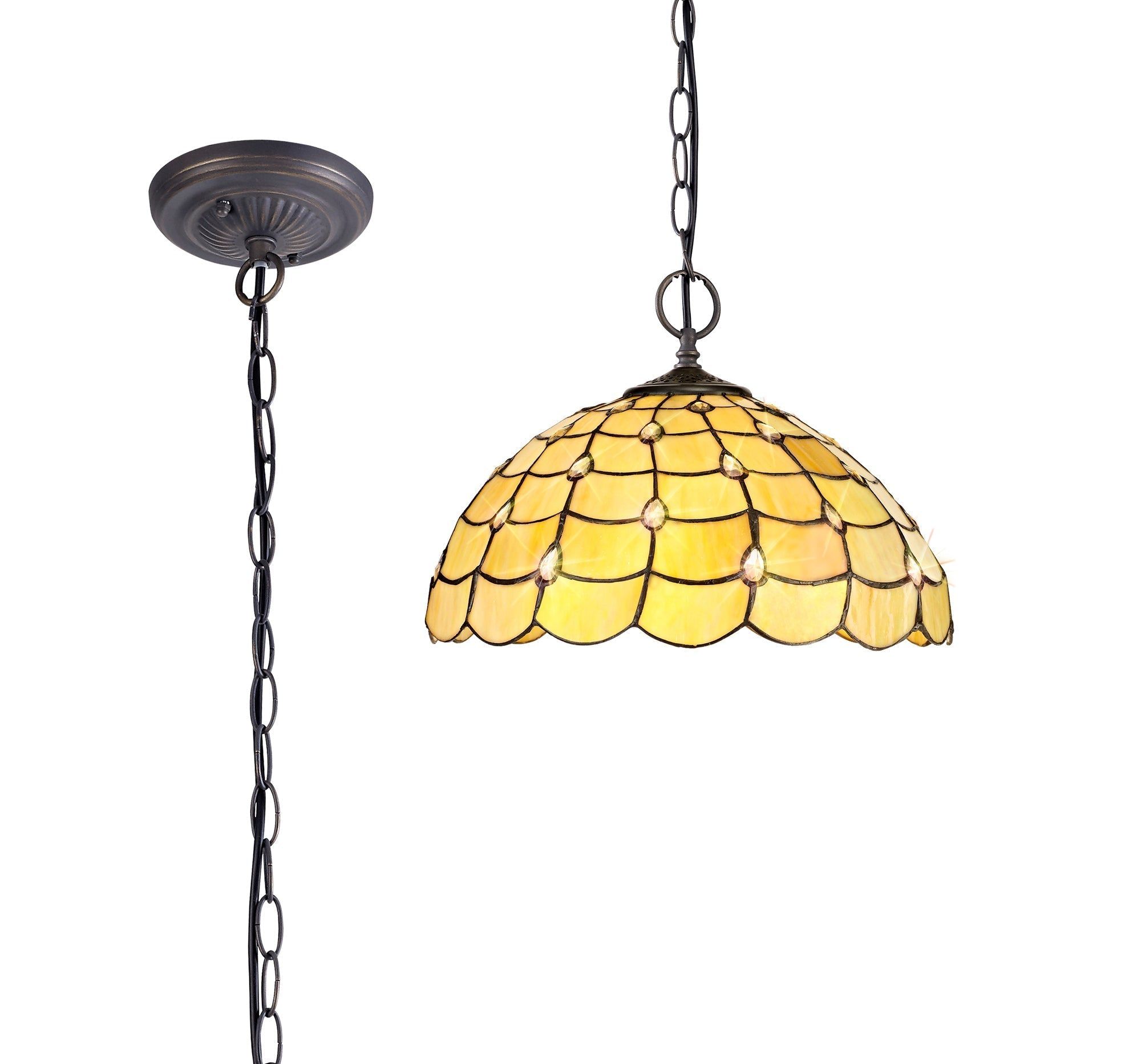 Aero 2 Light Downlighter Pendant E27 With 30cm Tiffany Shade, Beige/Clear Crystal/Aged Antique Brass - Cusack Lighting